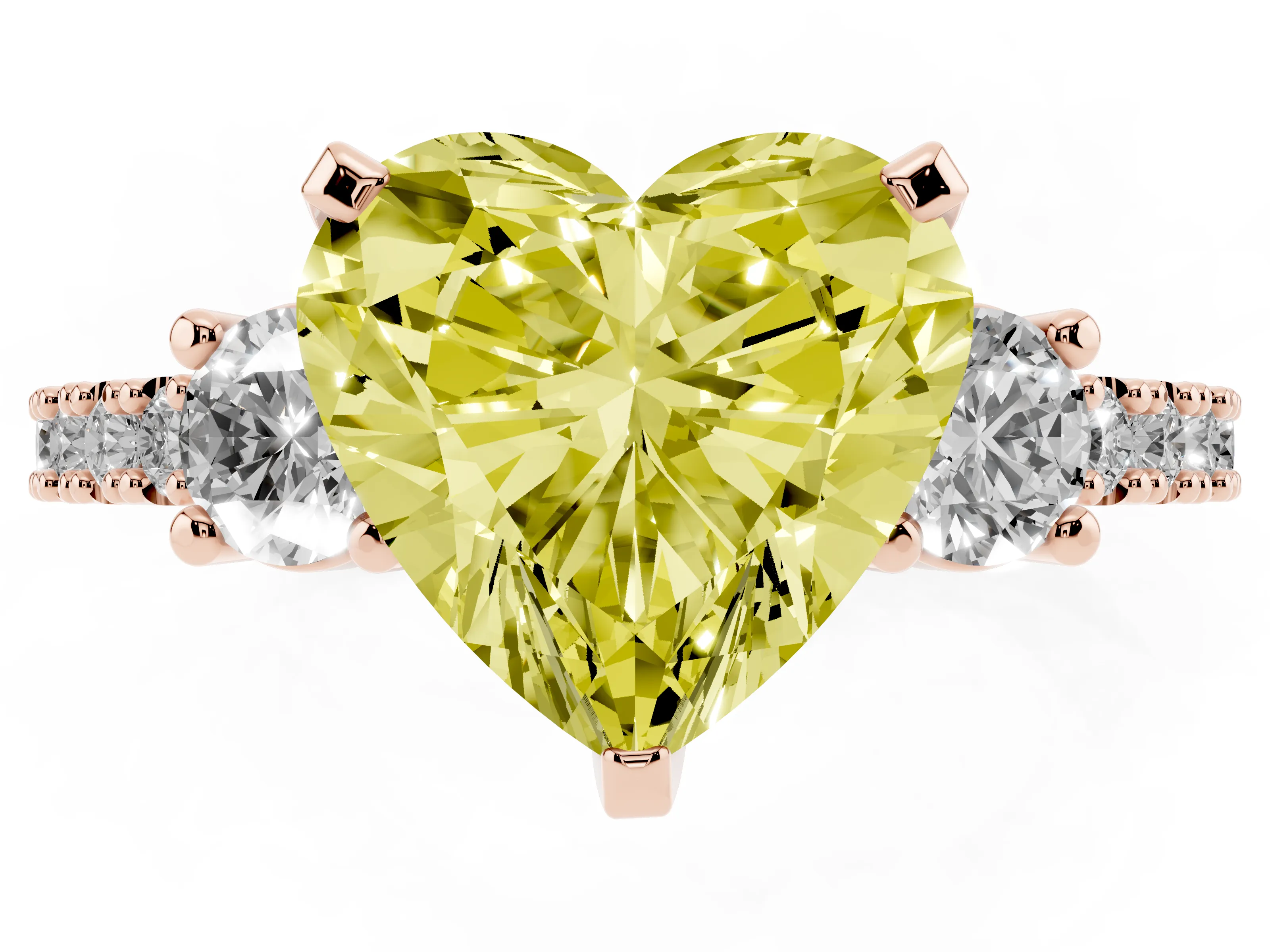 Fancy Yellow Three-Stone Heart Cut Diamond Pavé Band Ring Set in Rose gold with Prong Setting