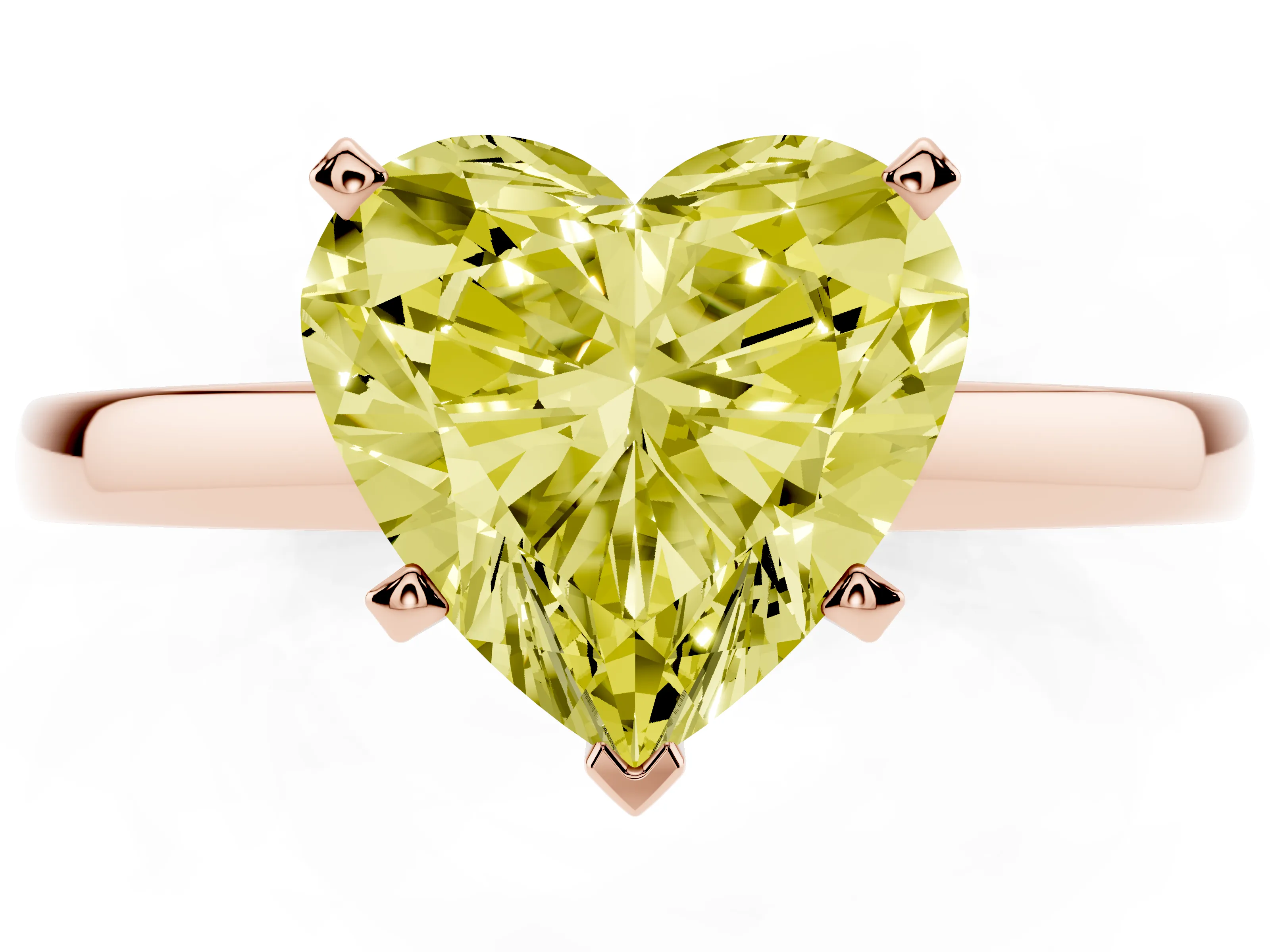 Fancy Yellow Heart Cut Diamond Solitaire Engagement Ring Set in Rose gold with Prong Setting on a Classic Band