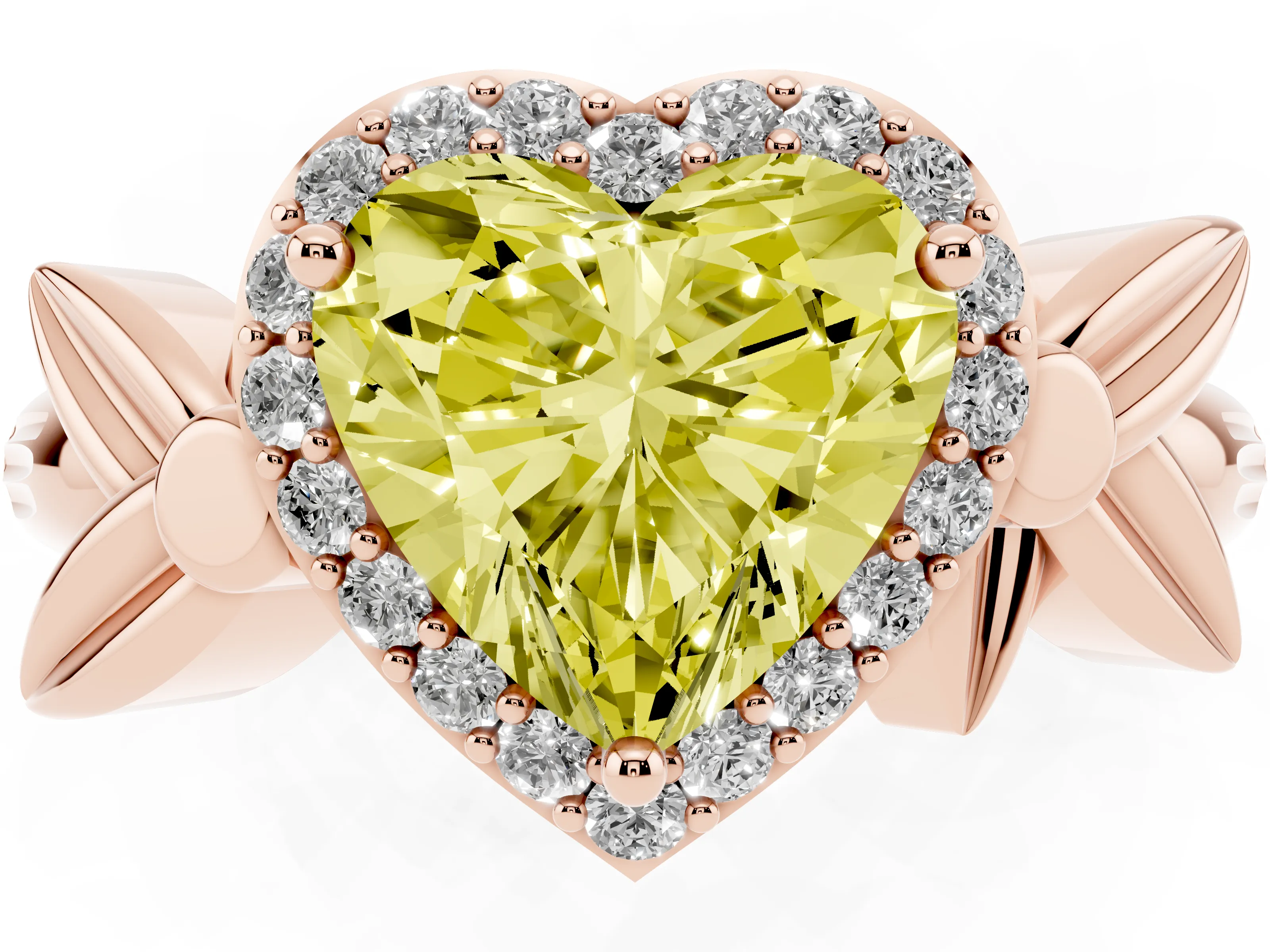 Fancy Yellow Heart Cut Diamond Halo Floral Band Ring Set in Rose gold with Prong Setting