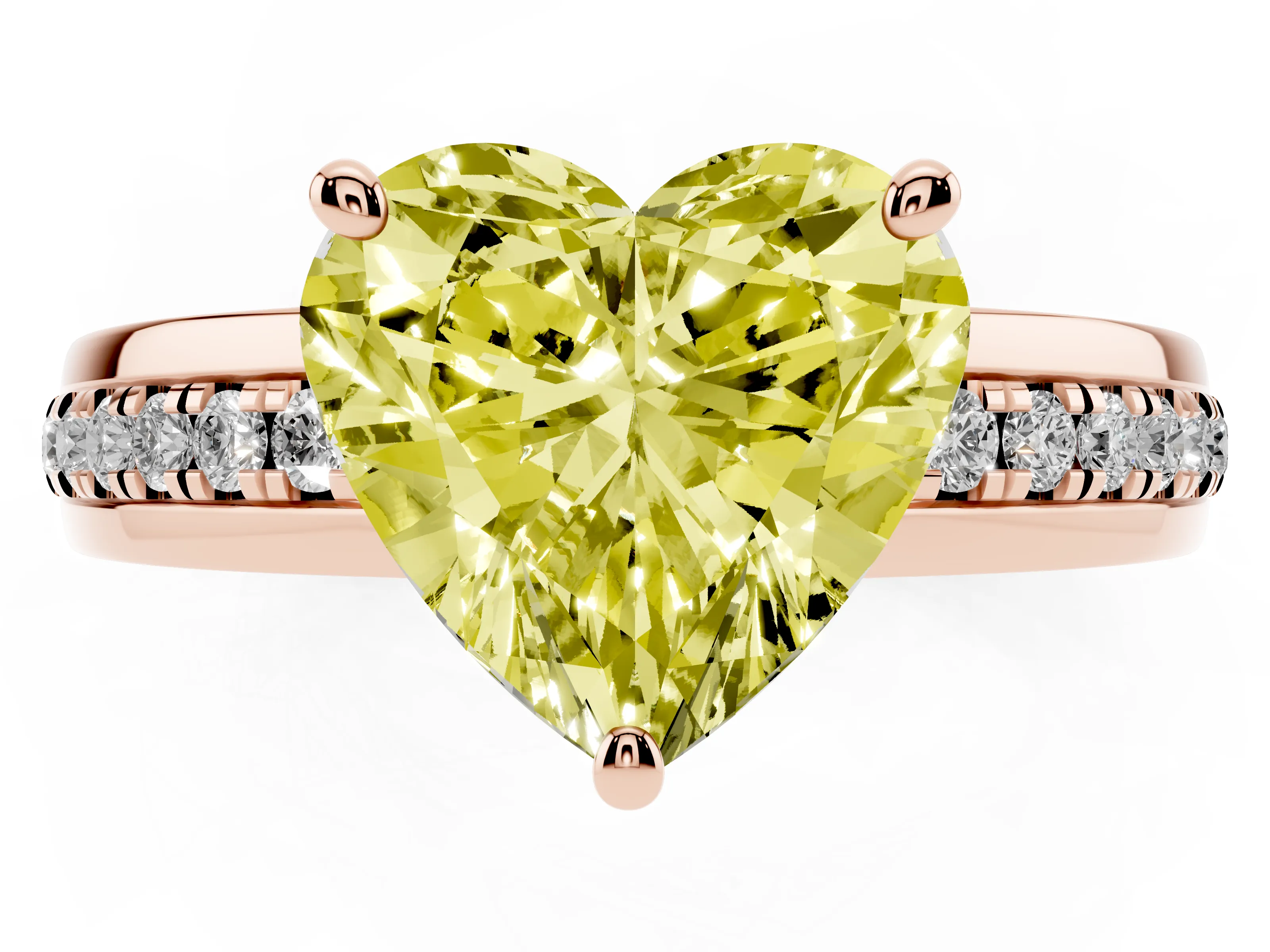 Fancy Yellow Heart Cut Diamond Solitaire Ring Set in Rose gold with Channel Set Band and Prong Setting