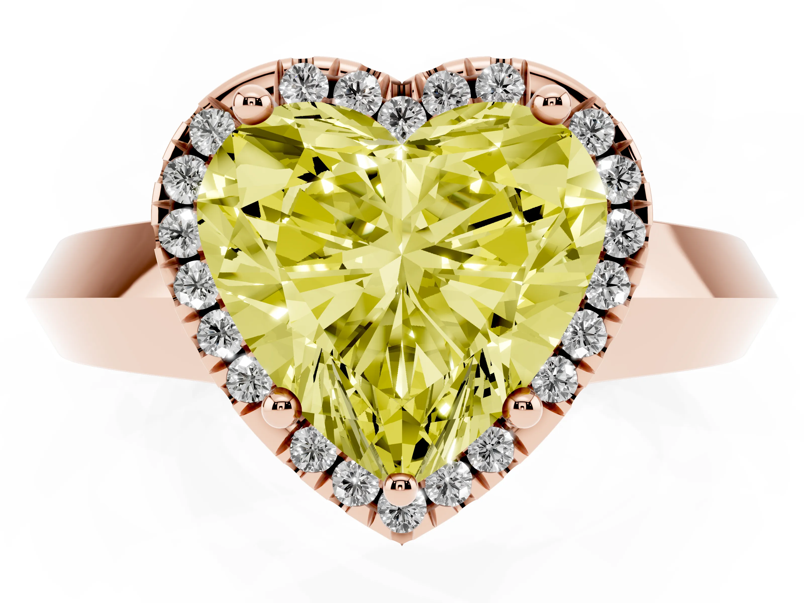 Fancy Yellow Heart Cut Diamond Halo Ring Set in Rose gold with Cathedral Band and Prong Setting