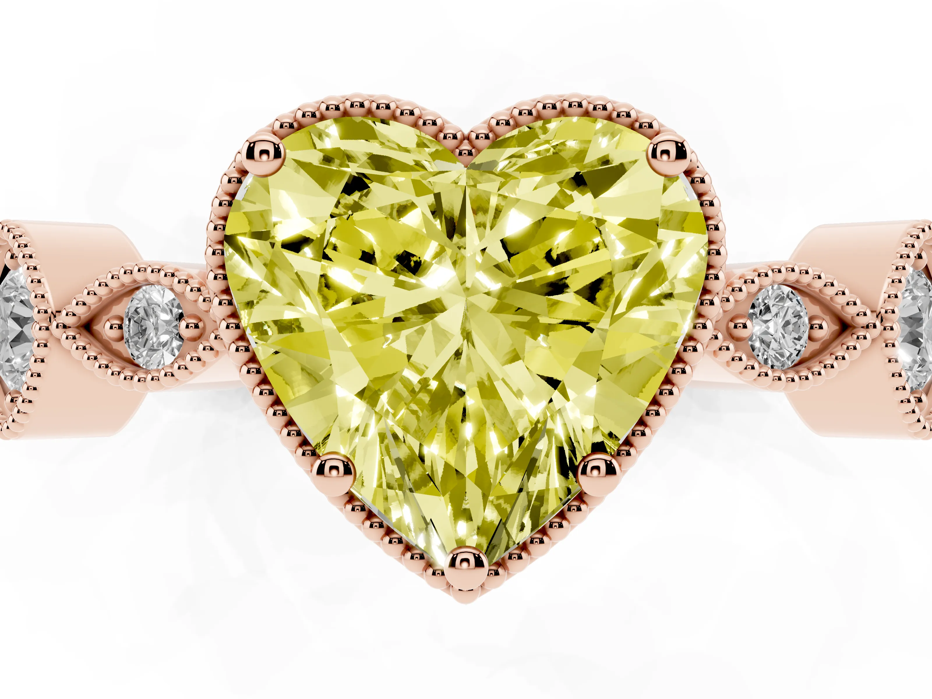 Fancy Yellow Heart Cut Diamond Vintage-Inspired Milgrain Ring Set in Rose gold with Marquise Stations of Round Accents