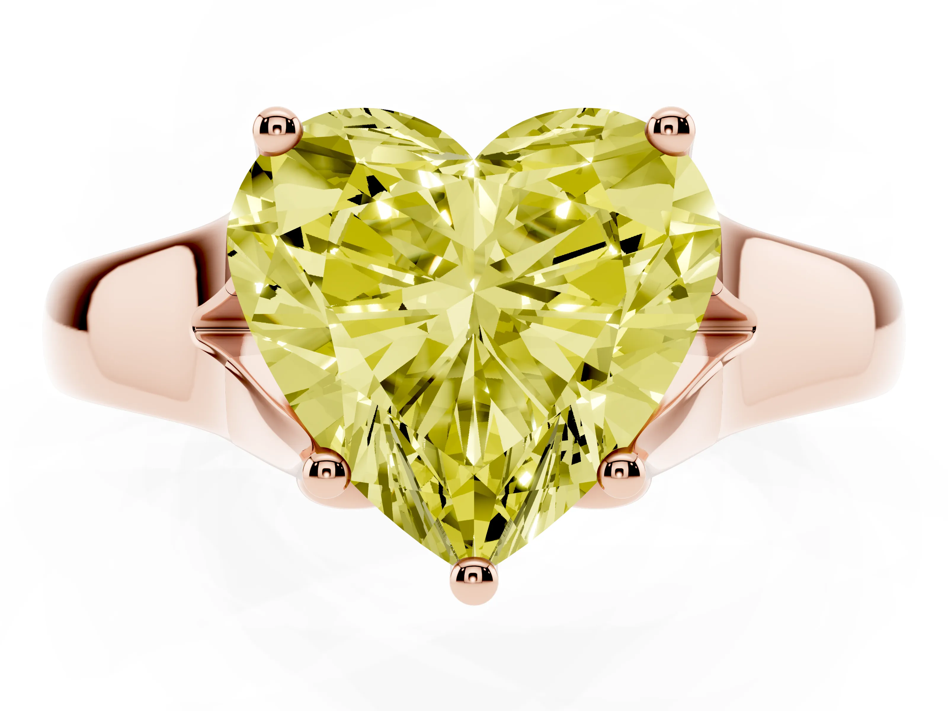 Fancy Yellow Heart Cut Diamond Solitaire Ring Set in Rose gold with Arched Cathedral Band and Prong Setting