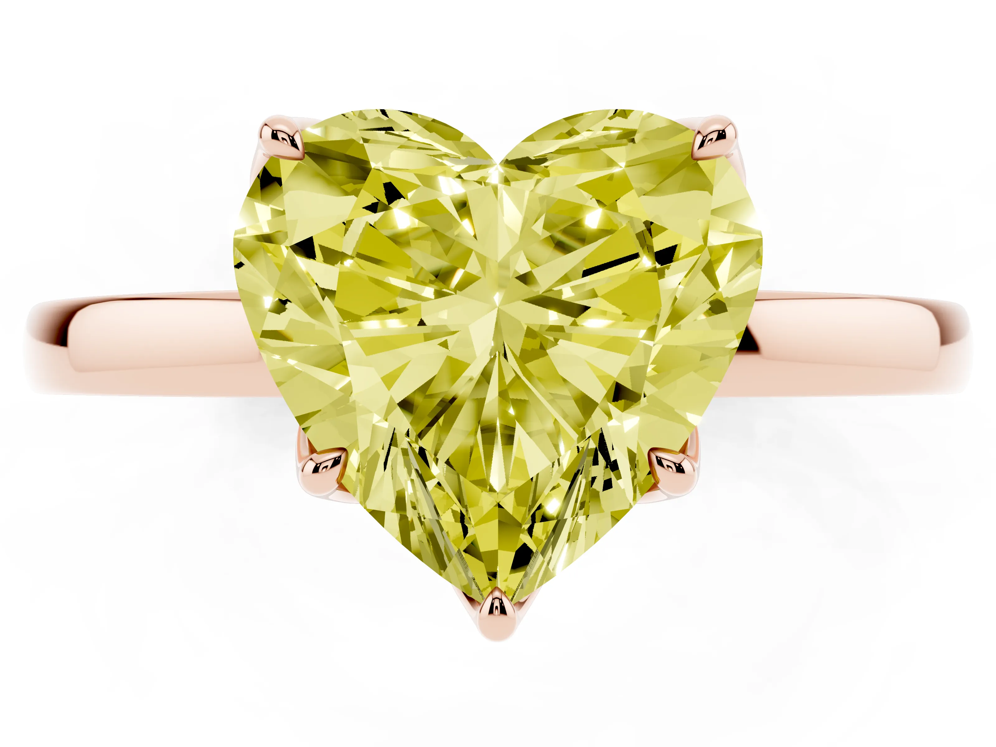 Fancy Yellow Heart Cut Diamond Solitaire Ring Set in Rose gold with Prong Setting and Thin Polished Band