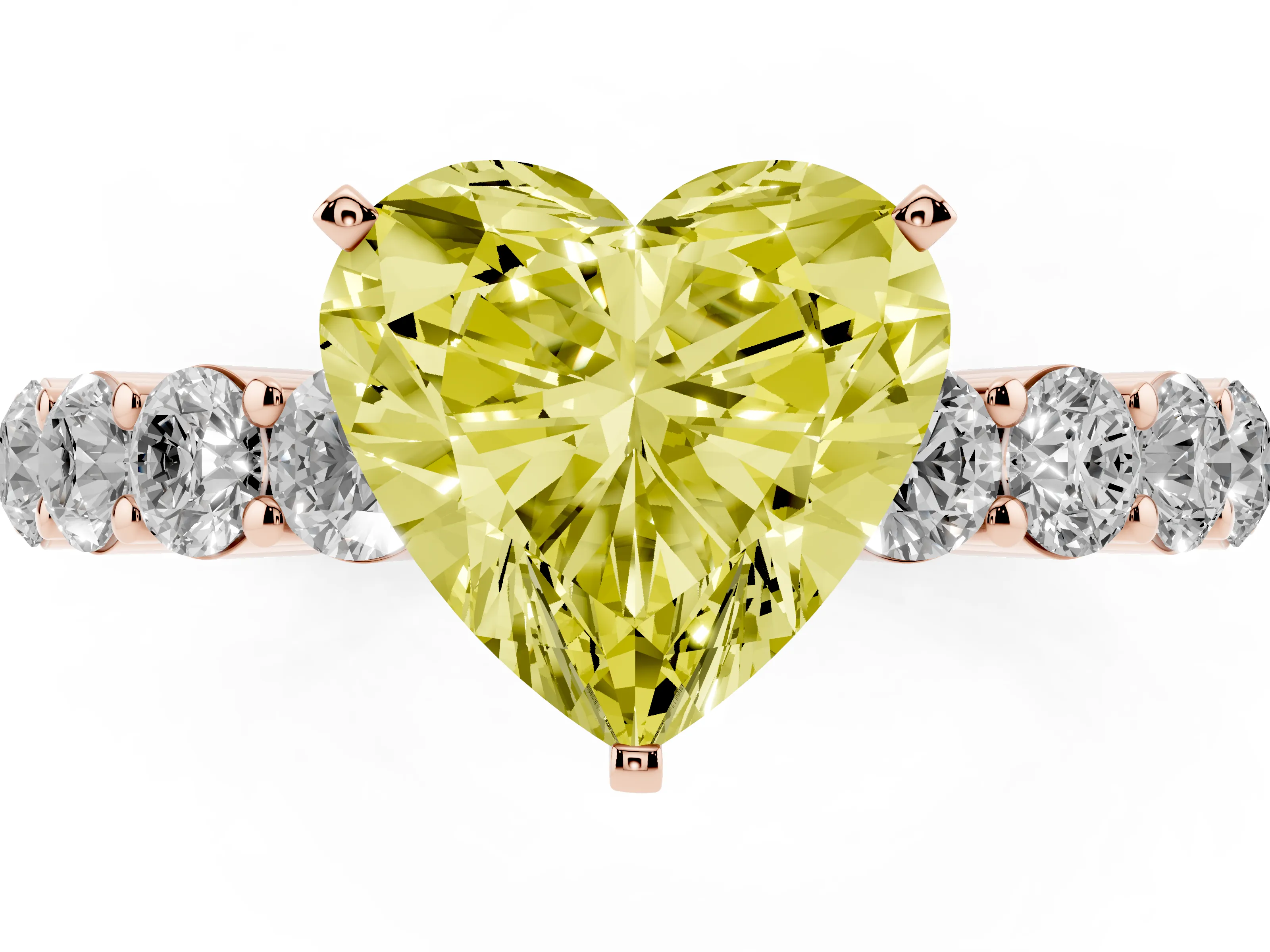 Fancy Yellow Heart Cut Diamond Solitaire Ring Set in Rose gold with Shared Prong Round Side Stones