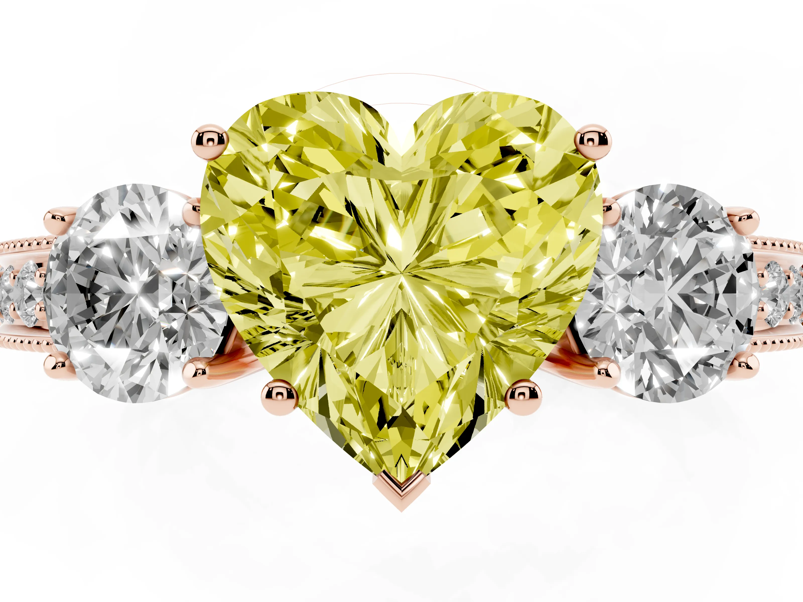 Fancy Yellow Heart Cut Diamond Three-Stone Ring Set in Rose gold with Round Side Stones and Pavé Band