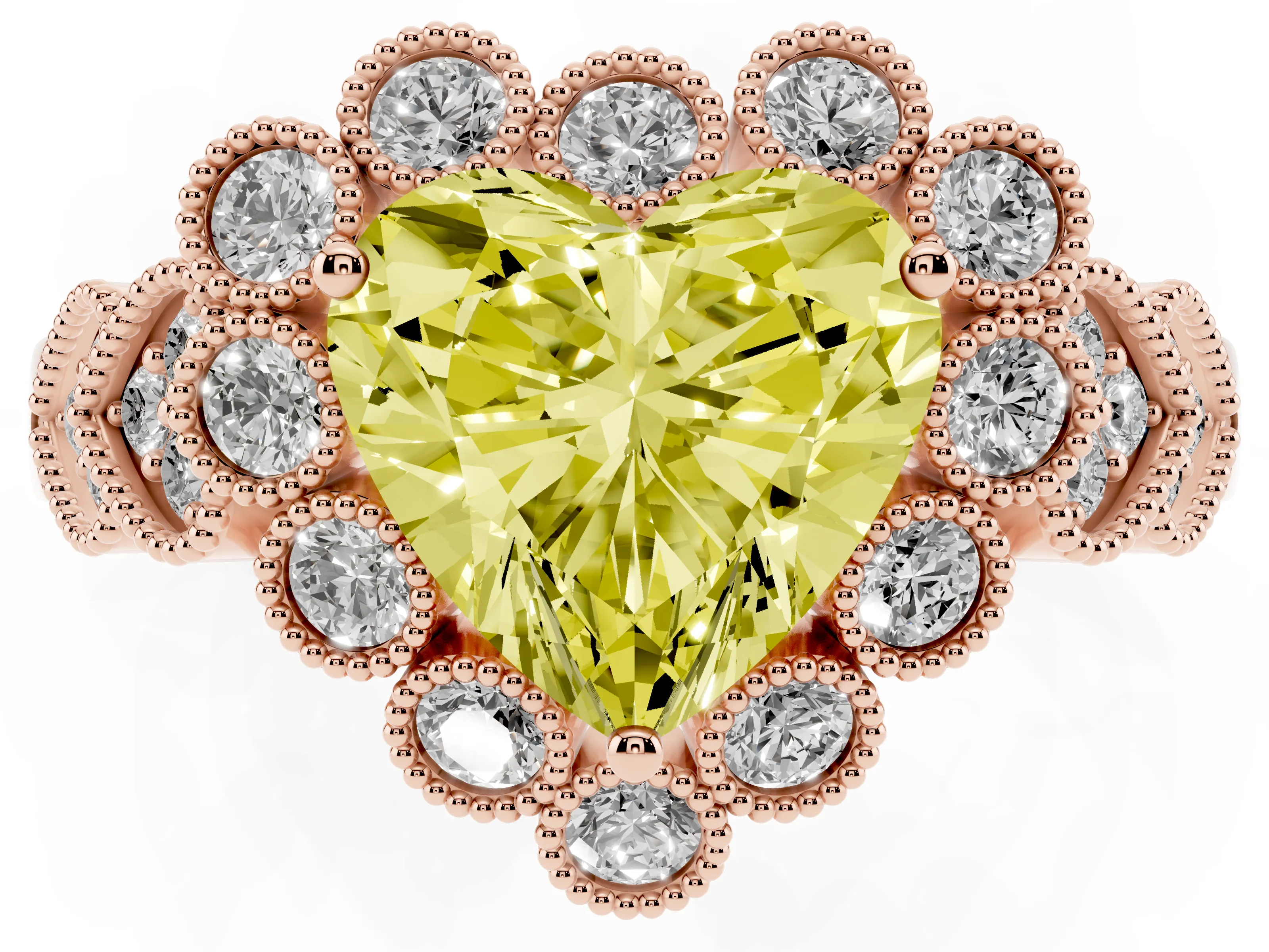 Fancy Yellow Heart Cut Diamond Solitaire Ring Set in Rose gold with Milgrain Pavé Heart Band