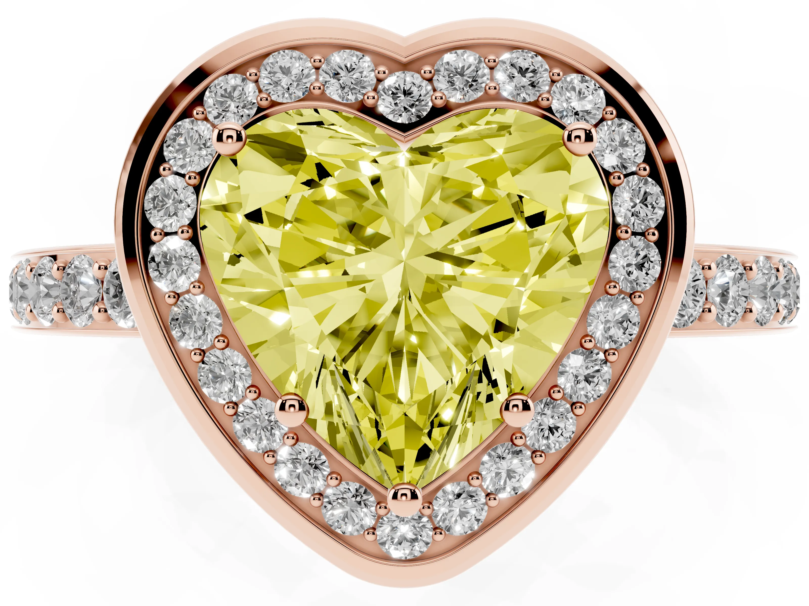 Fancy Yellow Heart Cut Diamond Halo Ring Set in Rose gold with Bezel Frame and Pavé Band
