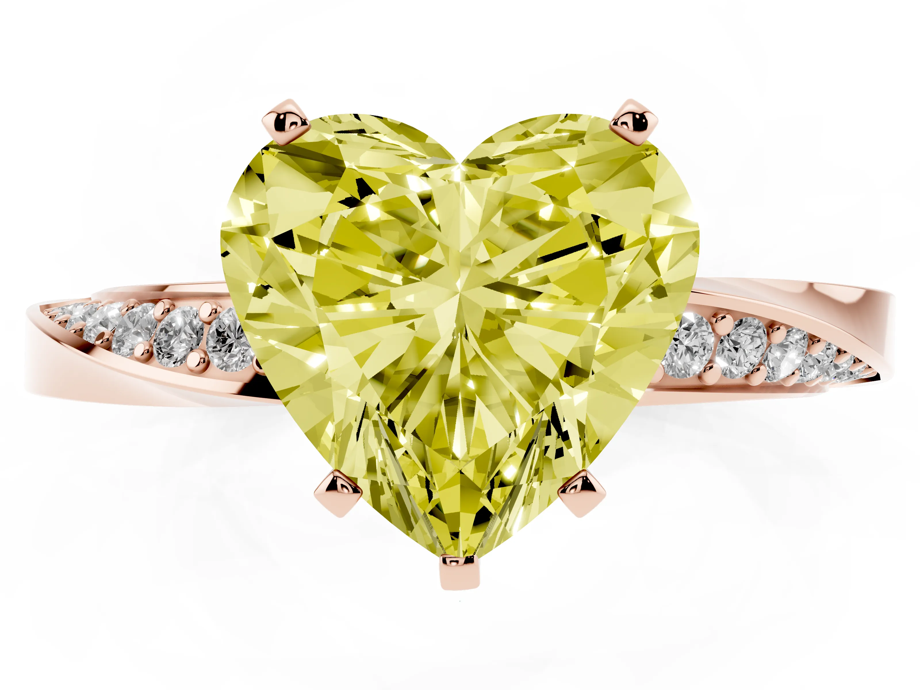 Fancy Yellow Heart Cut Diamond Engagement Ring Set in Rose gold with Side Stone Accents and Prong Setting