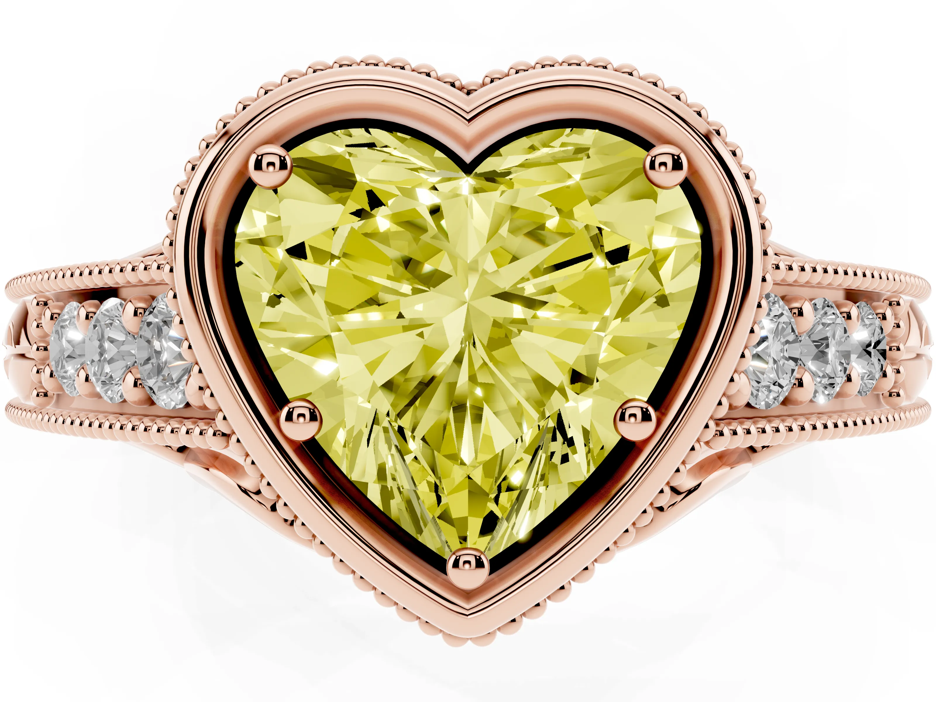 Fancy Yellow Bezel Set Heart Cut Diamond Milgrain Pavé Engagement Ring Set in Rose gold
