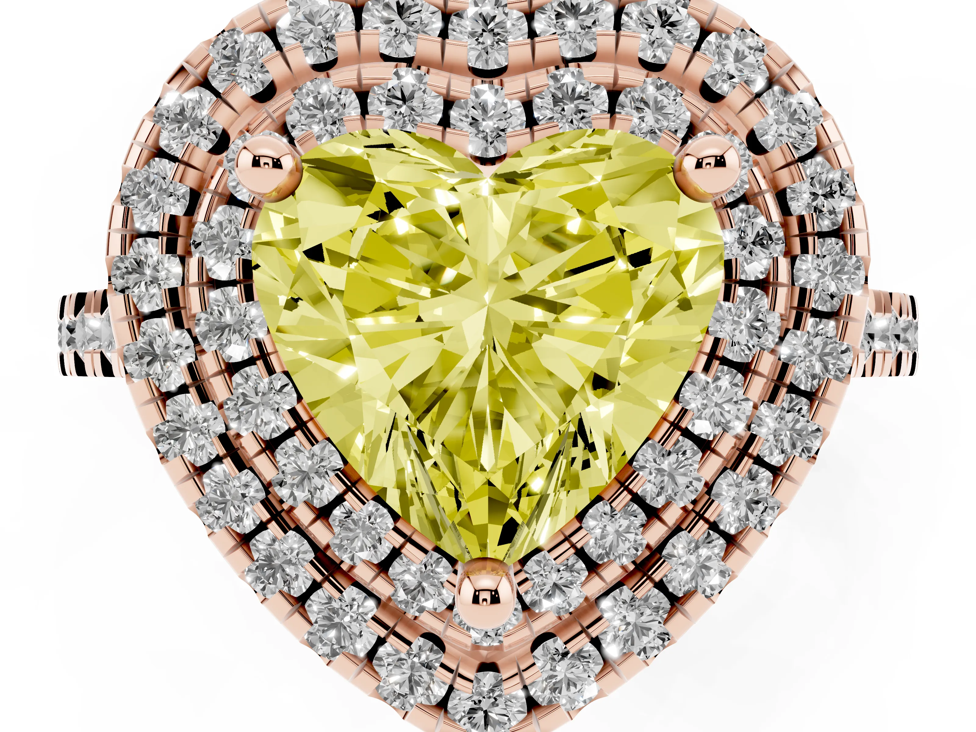 Fancy Yellow Heart Cut Diamond Double Halo Statement Ring Set in Rose gold with Pavé Band