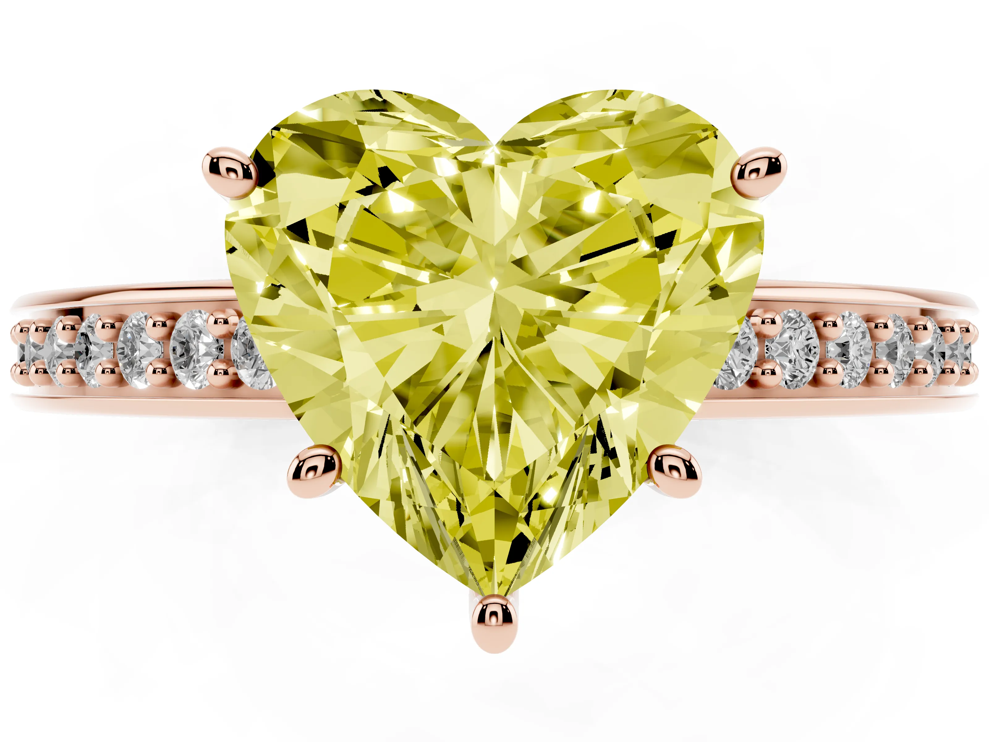 Fancy Yellow Heart Cut Diamond Pavé Band Prong Set Solitaire Ring Set in Rose gold