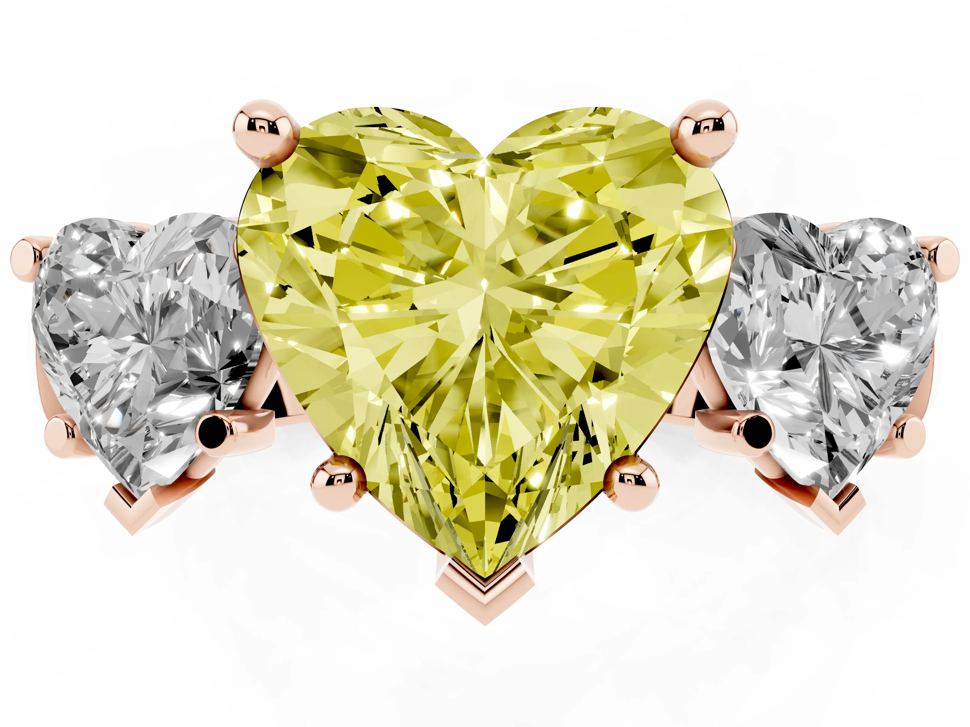 Fancy Yellow Heart Cut Diamond Three-Stone Trellis Ring Set in Rose gold with Comfort Fit Band