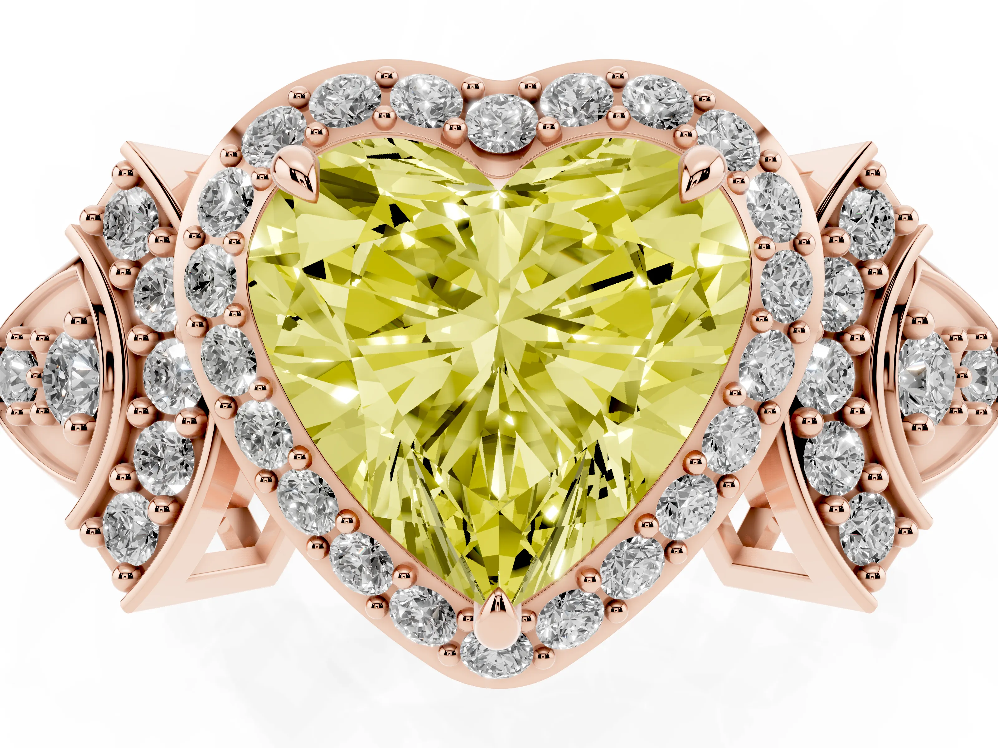 Fancy Yellow Heart Cut Diamond Halo Engagement Ring Set in Rose gold with Accent Stone Split Shank