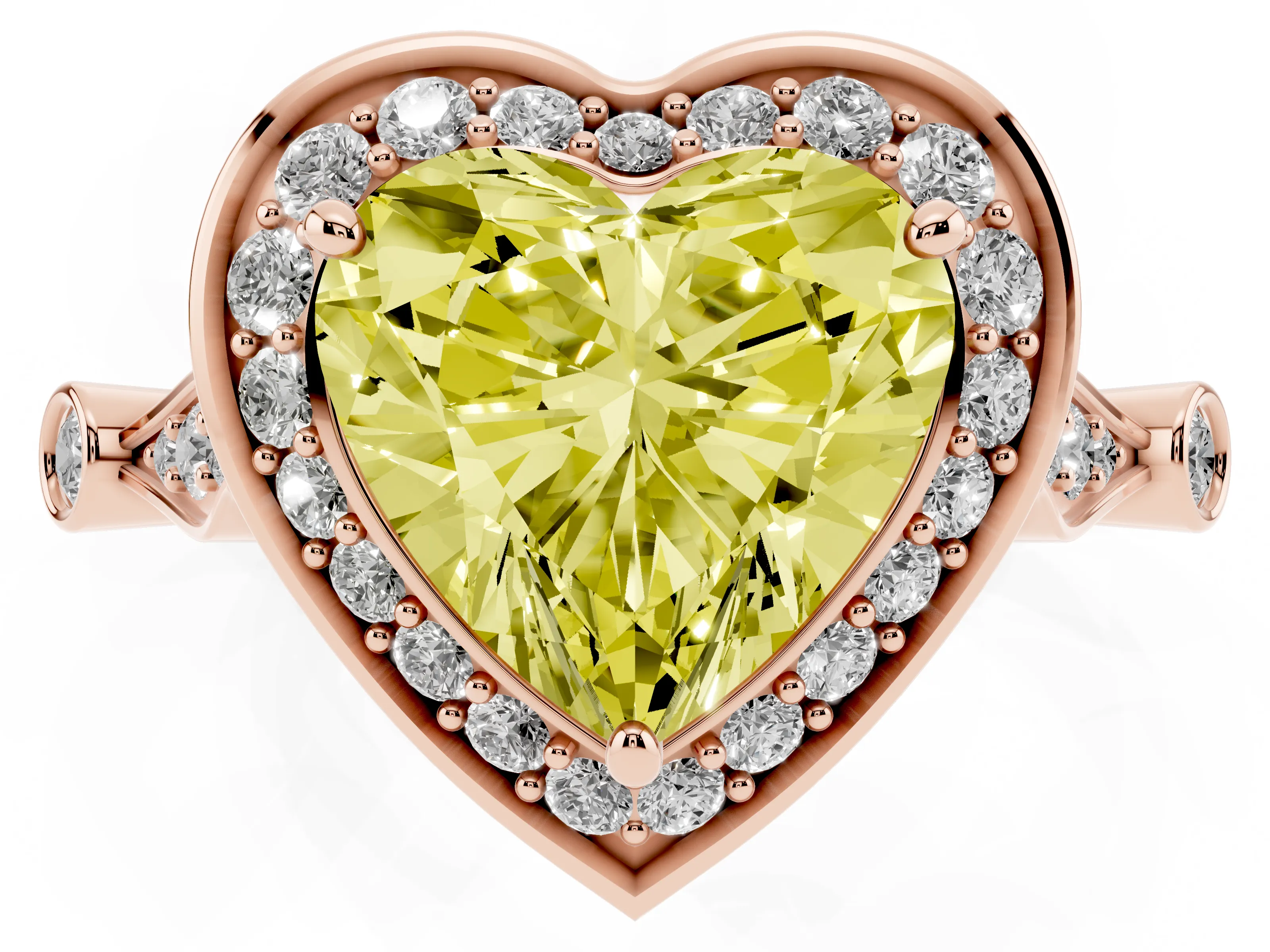 Fancy Yellow Heart Cut Diamond Halo Engagement Ring Set in Rose gold with Twisted Band and Prong Setting