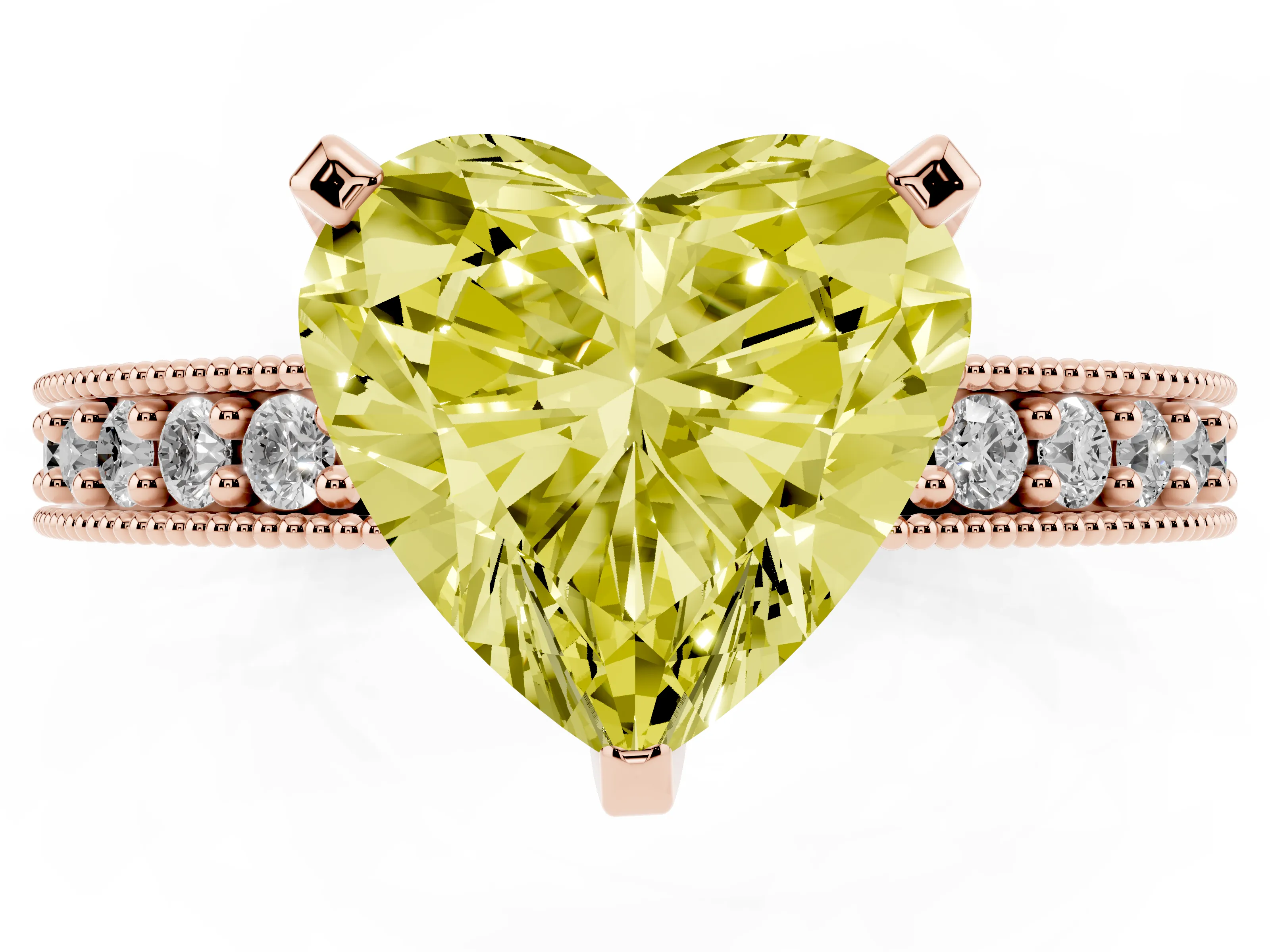 Fancy Yellow Heart Cut Diamond Milgrain Pavé Engagement Ring Set in Rose gold with Prong Setting