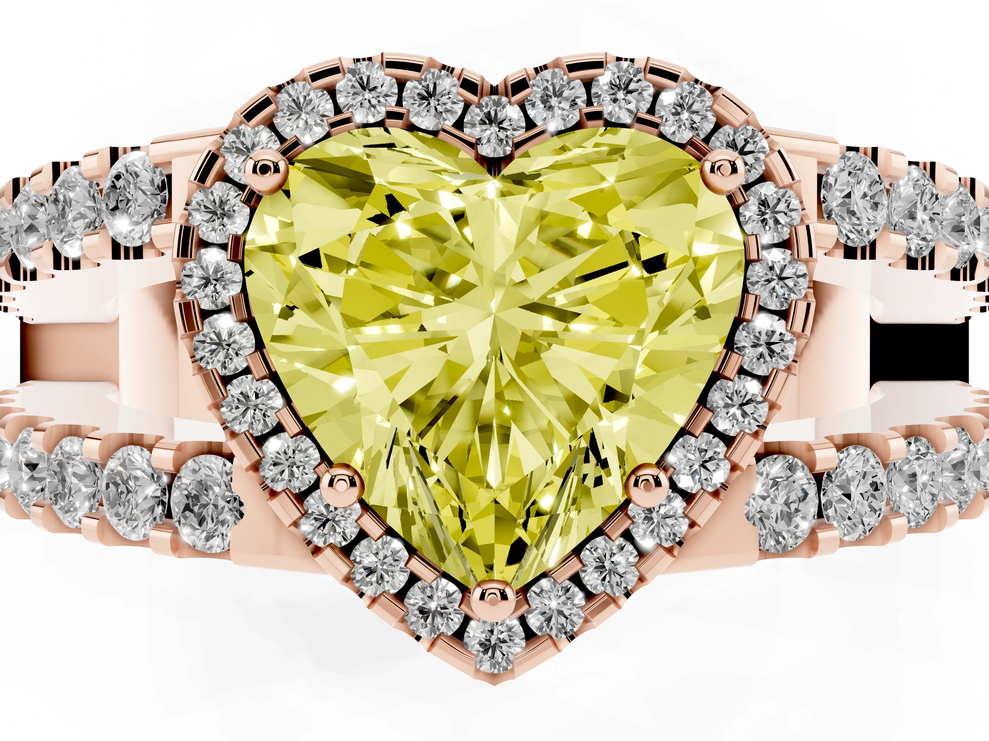Fancy Yellow Heart Cut Diamond Halo Ring Set in Rose gold with Pavé Split Shank and Prong Setting