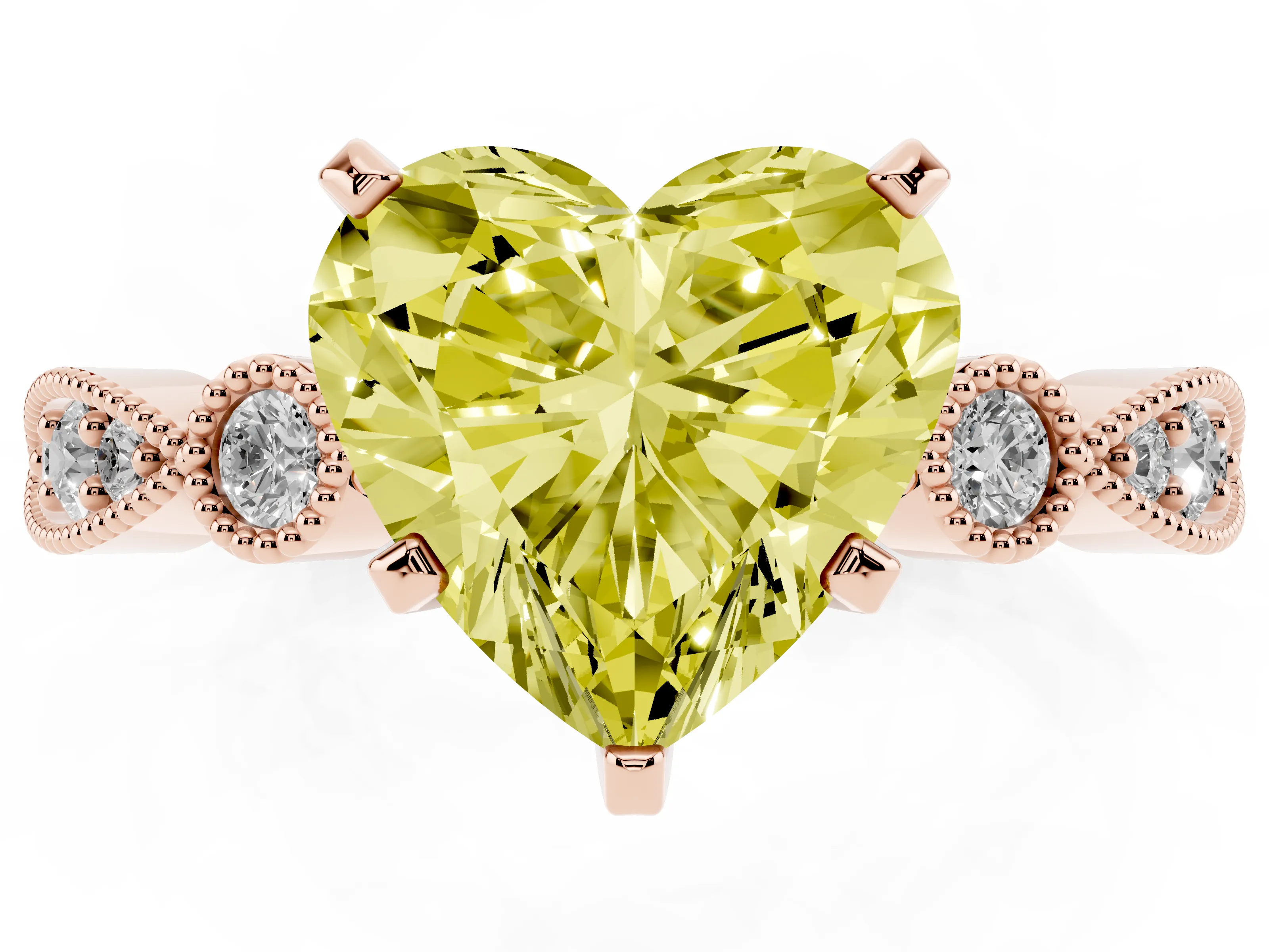 Fancy Yellow Heart Cut Diamond Solitaire Engagement Ring Set in Rose gold with Milgrain Bezel Accent Band
