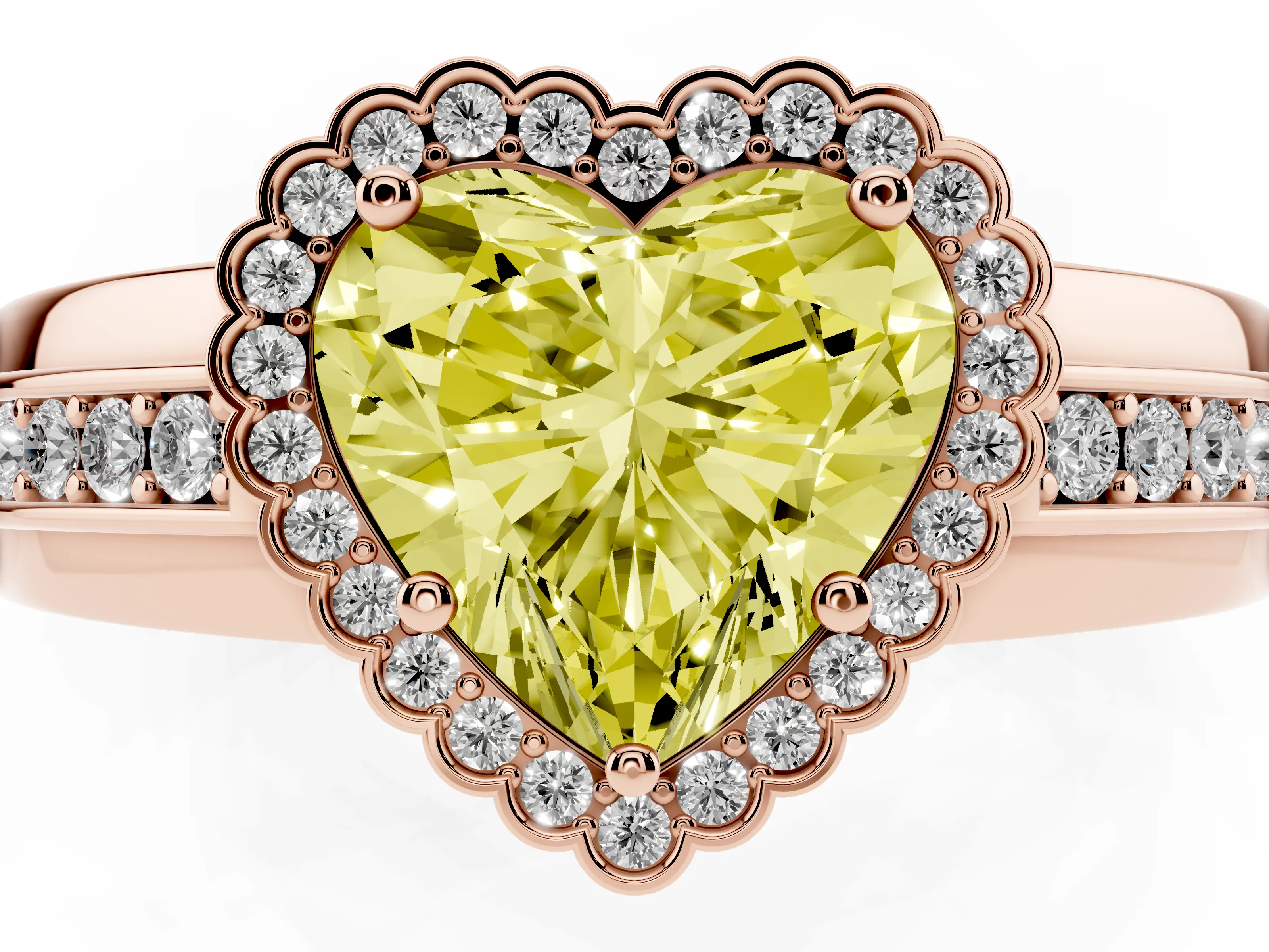 Fancy Yellow Heart Cut Diamond Halo Prong Ring Set in Rose gold with Pavé Band