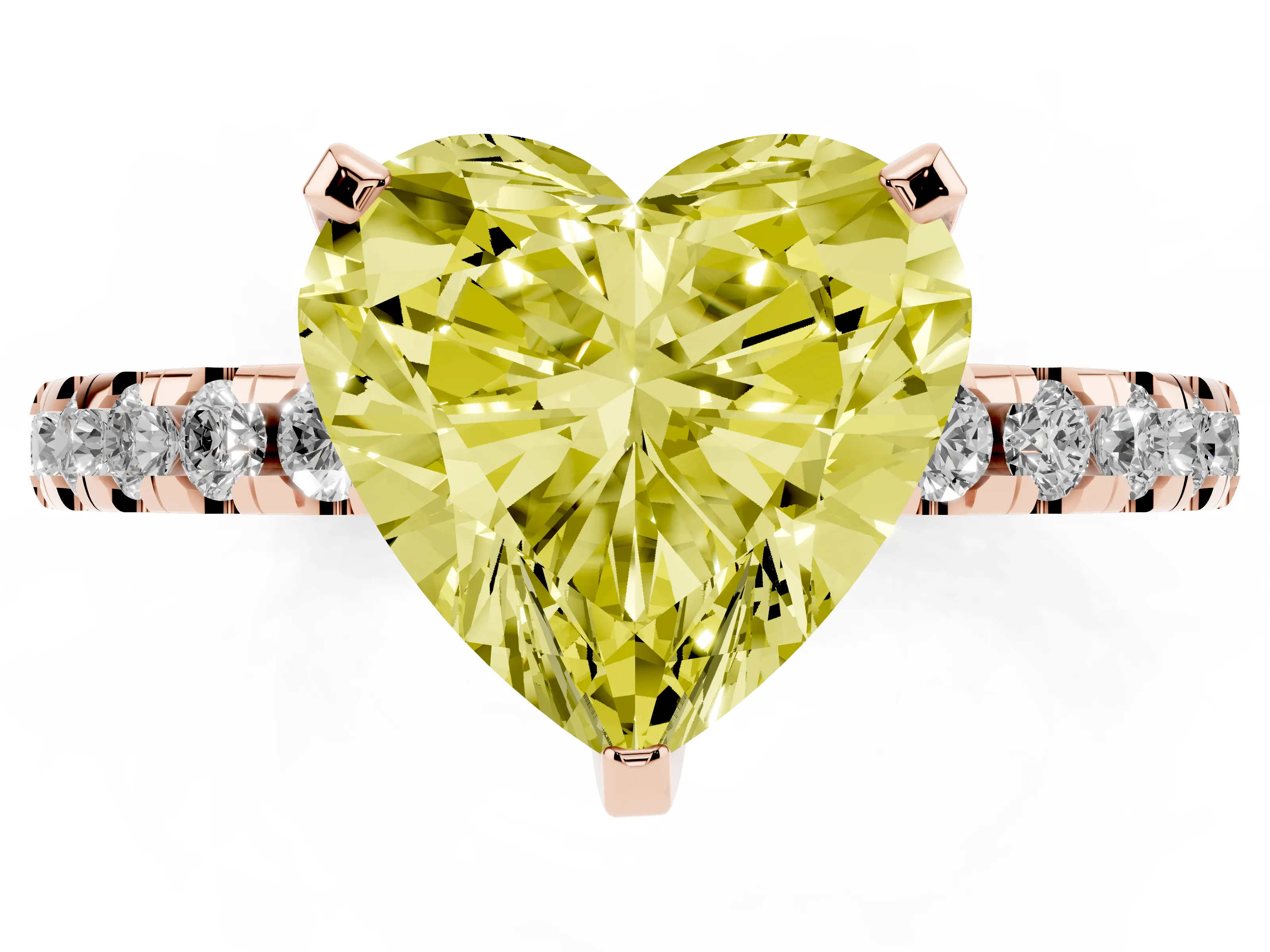 Fancy Yellow Heart Cut Diamond Pavé Solitaire Ring Set in Rose gold with Round Band Accents and Prong Setting