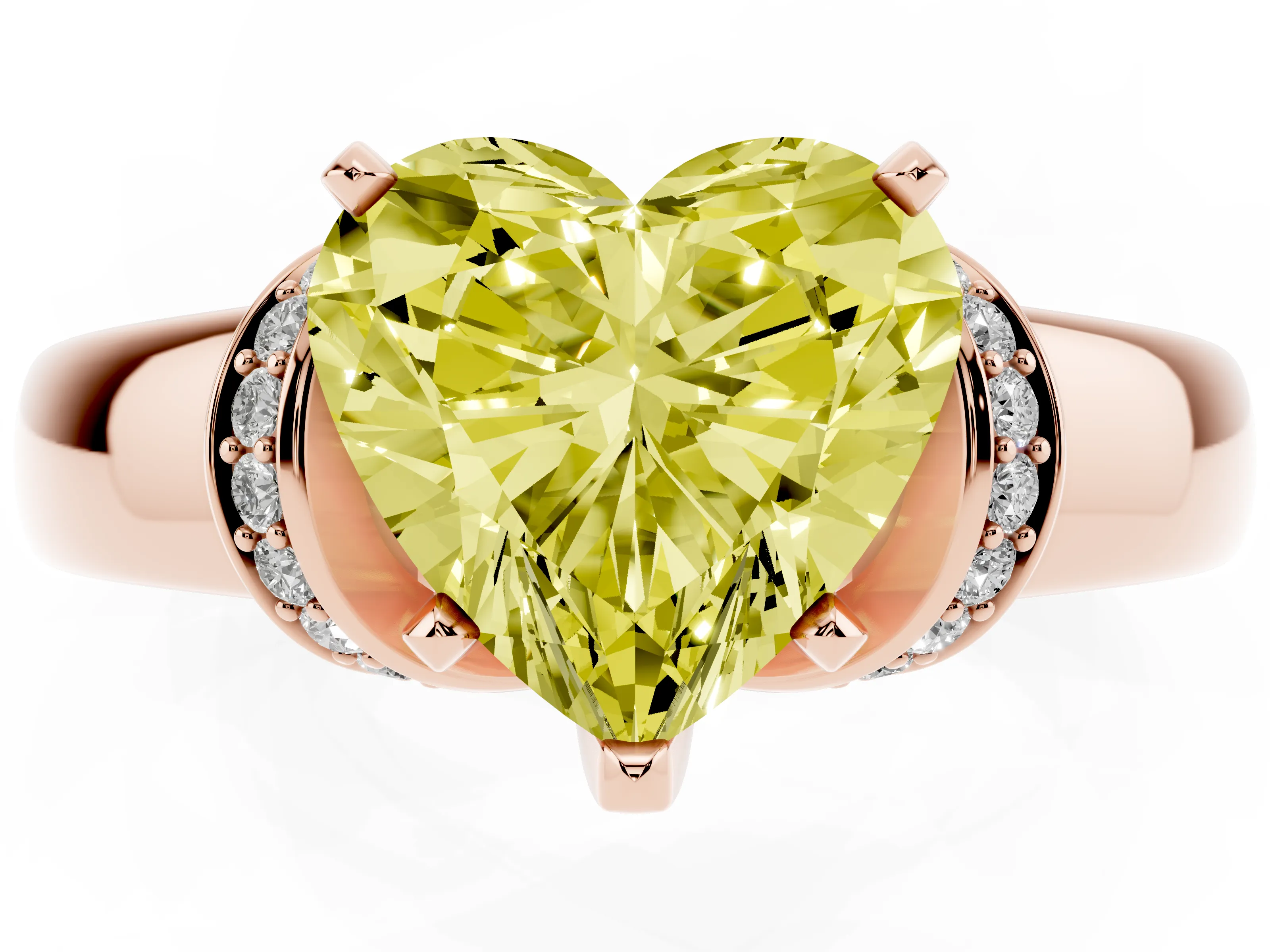 Fancy Yellow Heart Cut Diamond Pavé Band Solitaire Ring Set in Rose gold with Prong Setting