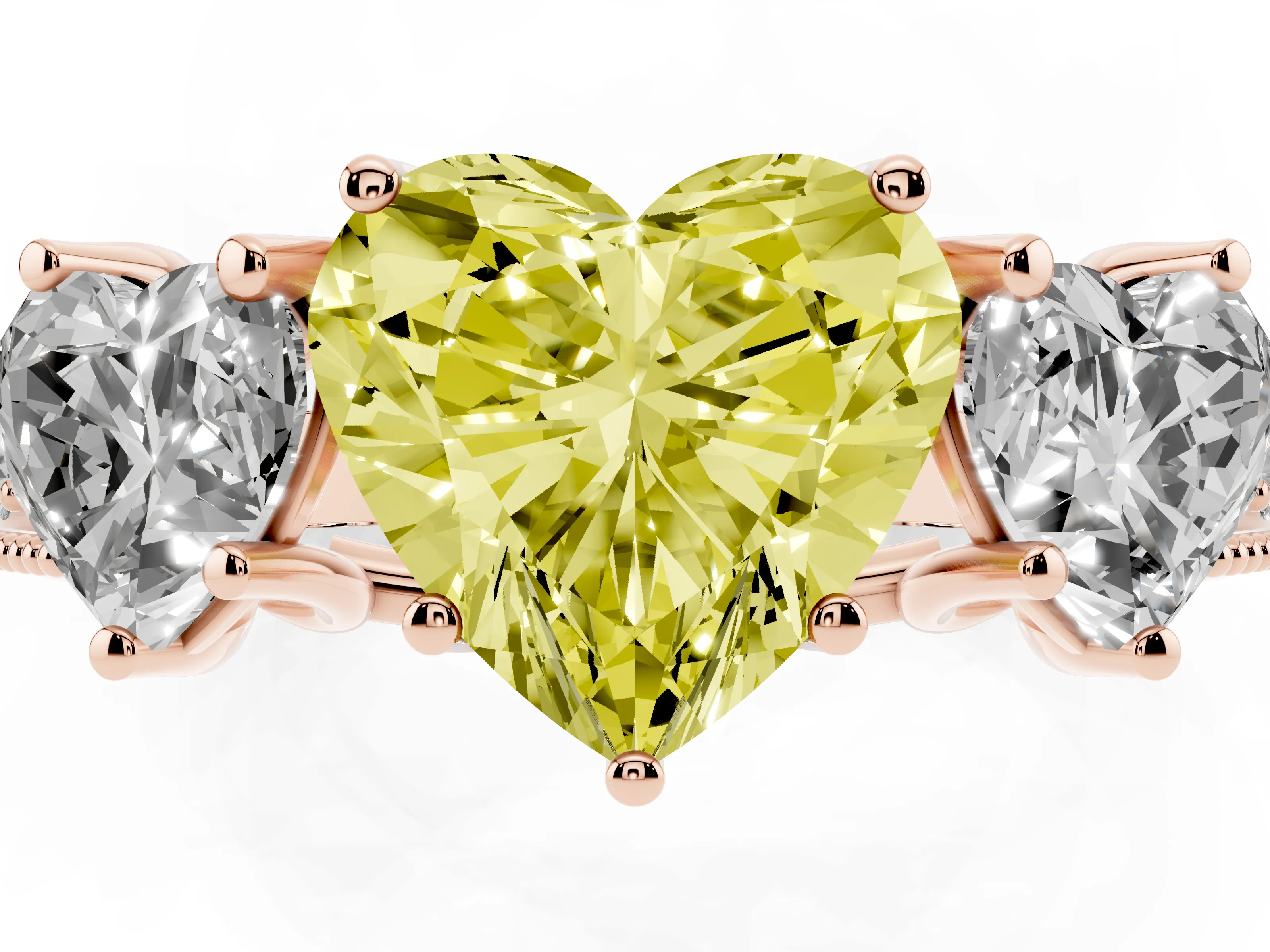 Fancy Yellow Heart Cut Diamond Three-Stone Engagement Ring Set in Rose gold with Milgrain Pavé Band