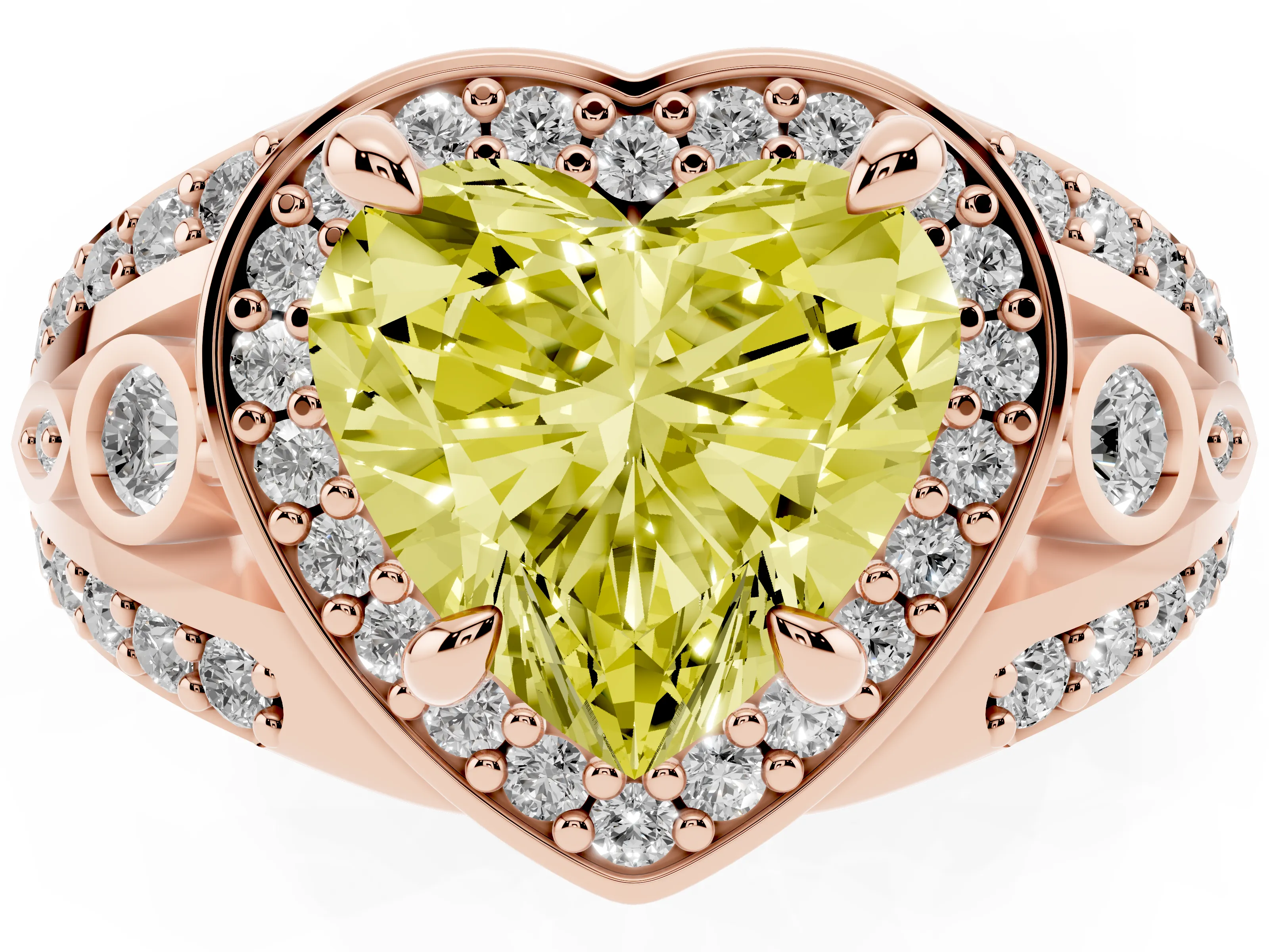 Fancy Yellow Heart Cut Diamond Halo Ring Set in Rose gold with Pavé Split Shank and Bezel Accents