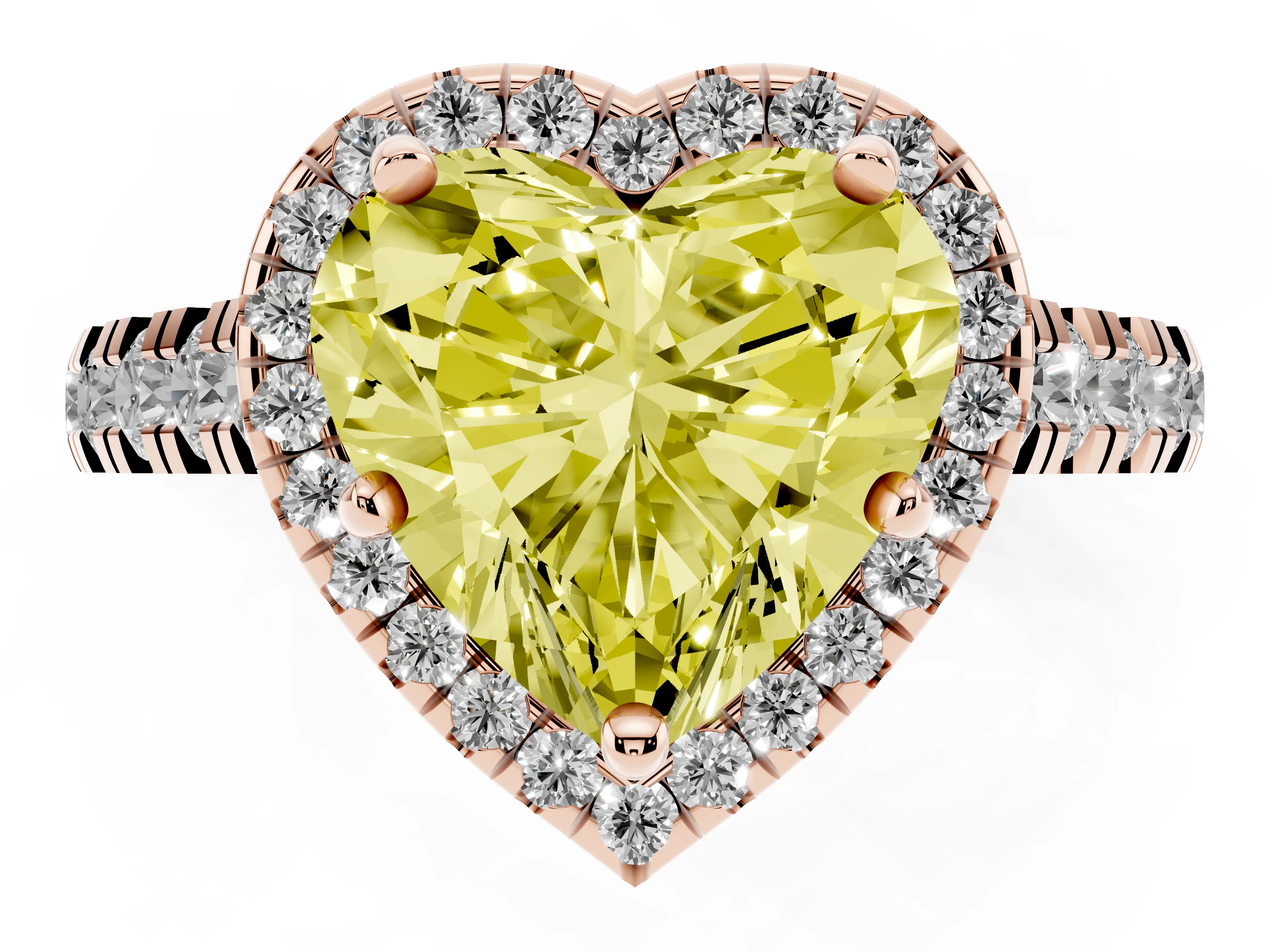 Fancy Yellow Heart Cut Diamond Halo Engagement Ring Set in Rose gold with Pavé Band and Prong-Set Center