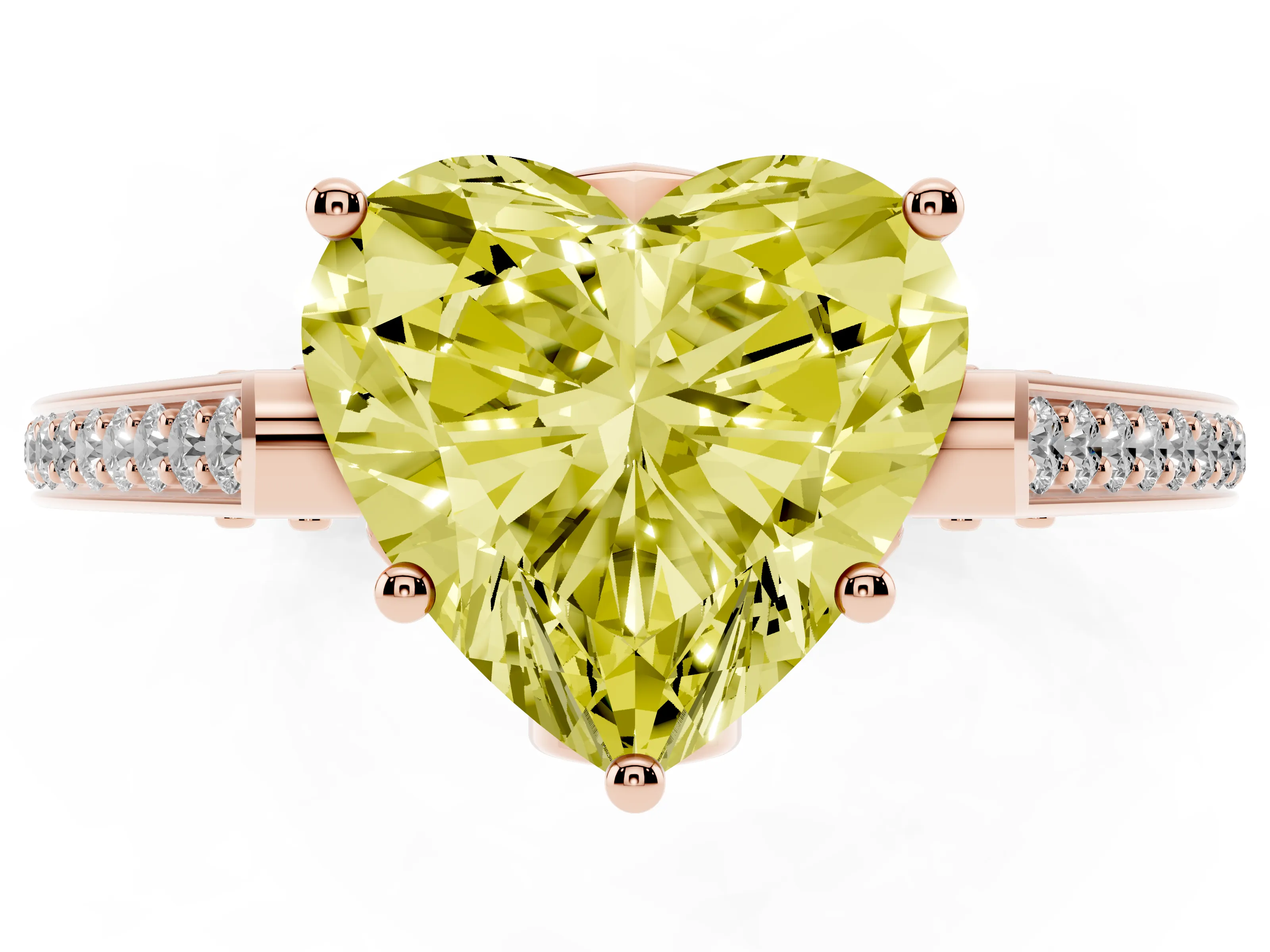 Fancy Yellow Heart Cut Diamond Cathedral Pavé Engagement Ring Set in Rose gold with Prong Setting