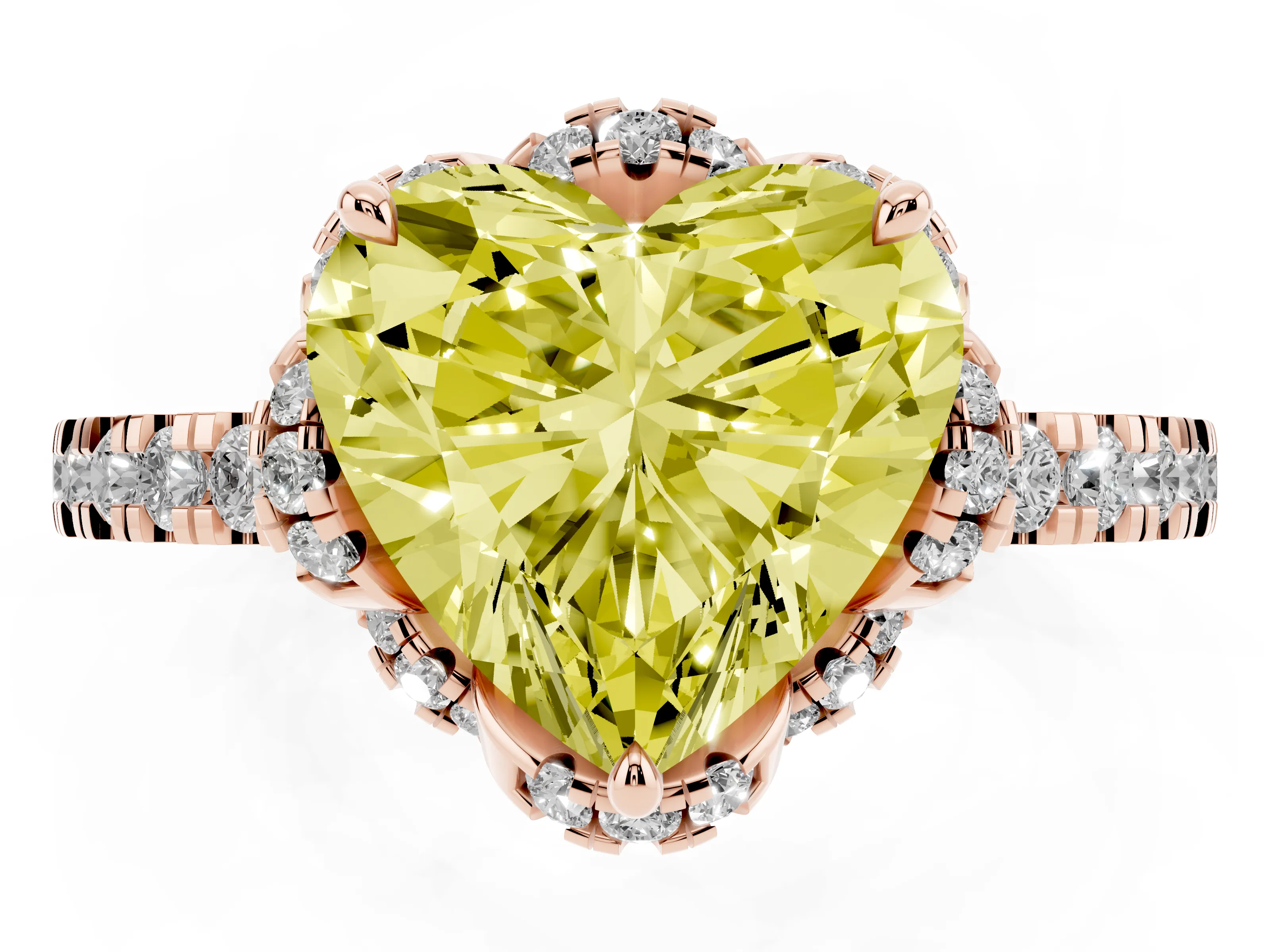 Fancy Yellow Heart Cut Diamond Halo Pavé Band Ring Set in Rose gold with Prong-Held Center