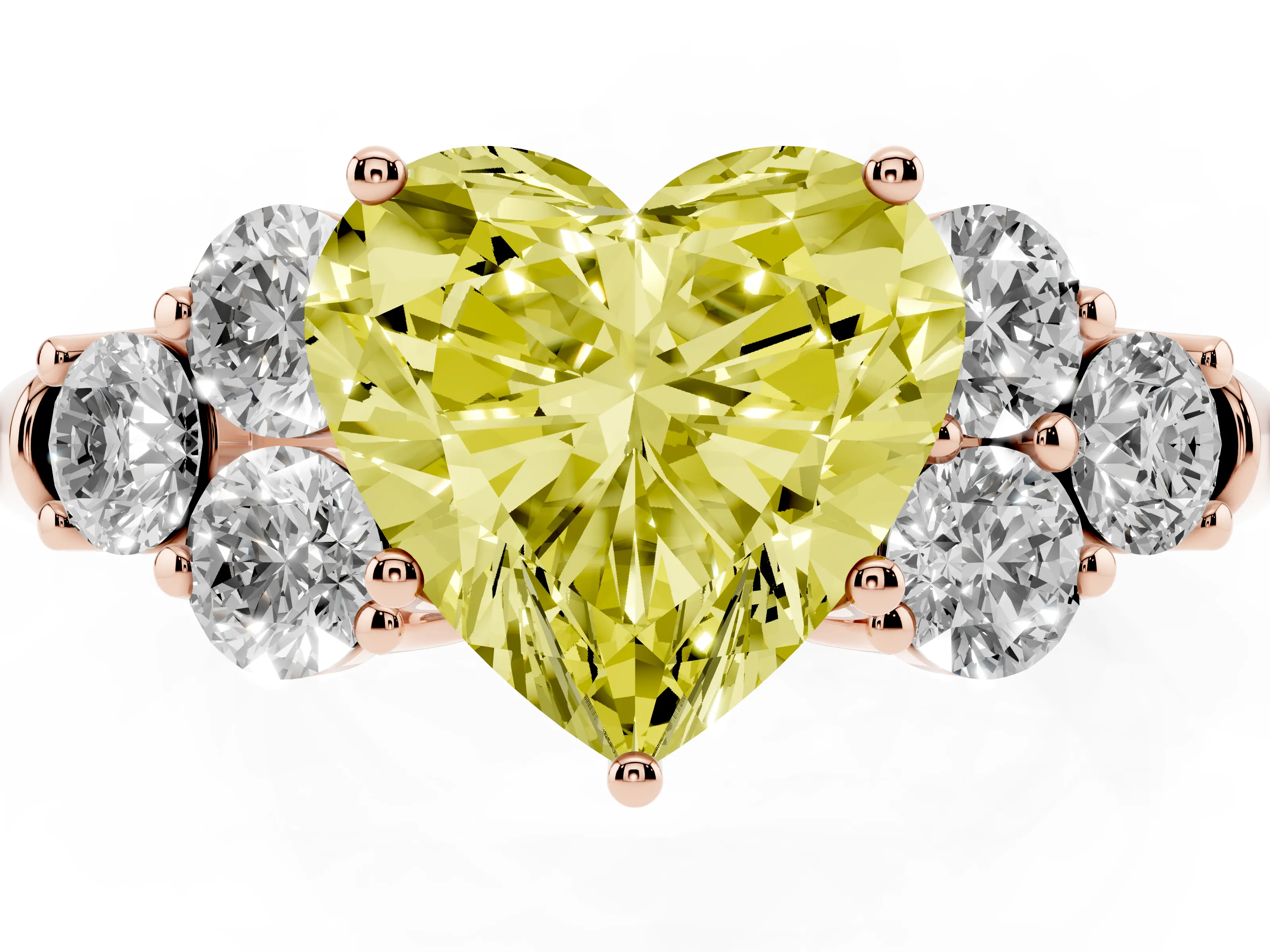Fancy Yellow Heart Cut Diamond Cluster Ring Set in Rose gold with Round Accent Stones and Prong Setting on a Plain Band