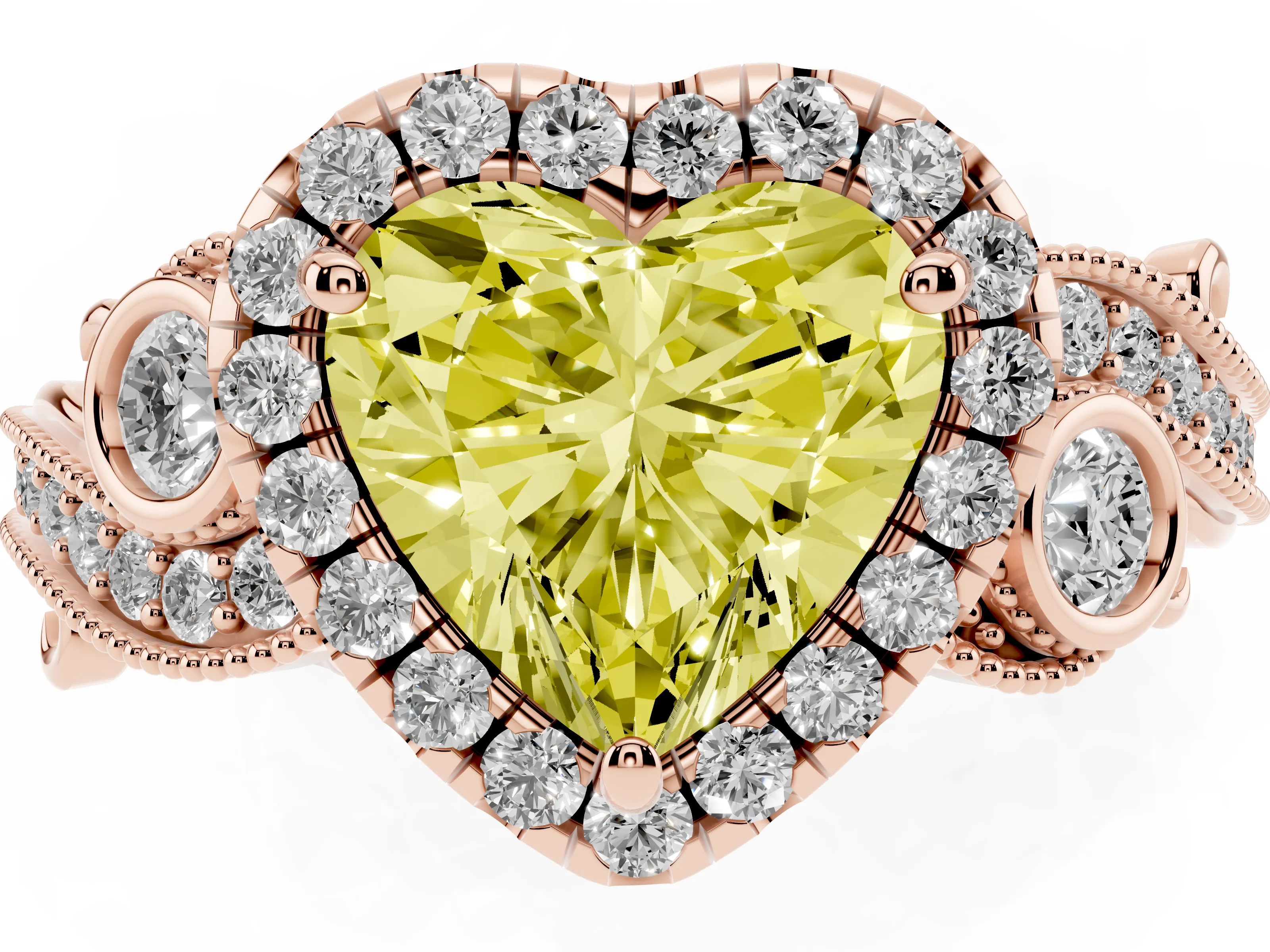 Fancy Yellow Heart Cut Diamond Halo Ring Set in Rose gold with Milgrain Pavé Band and Prong Setting