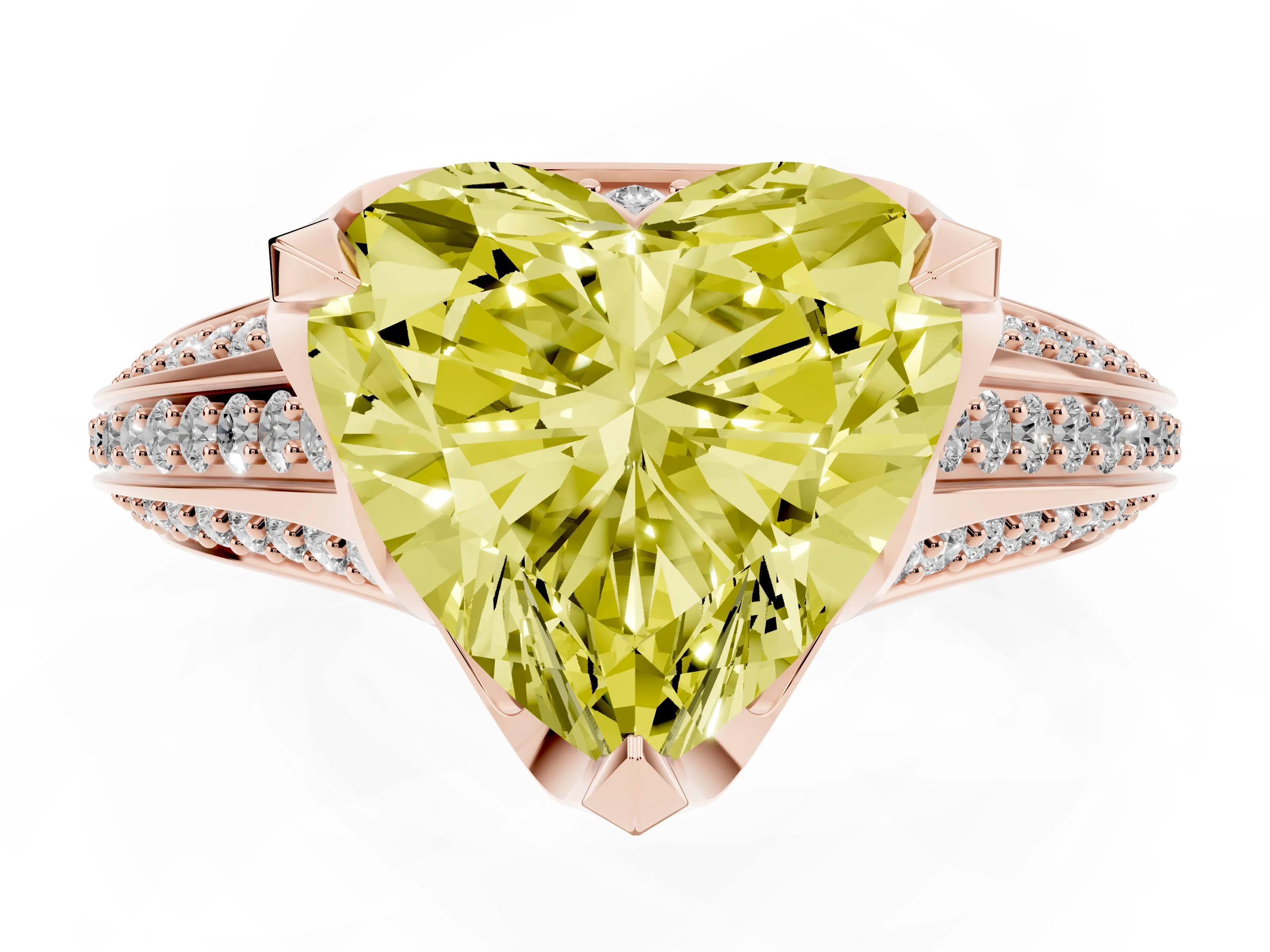 Fancy Yellow Heart Cut Diamond Pavé Split Shank Solitaire Ring Set in Rose gold with Prong Setting