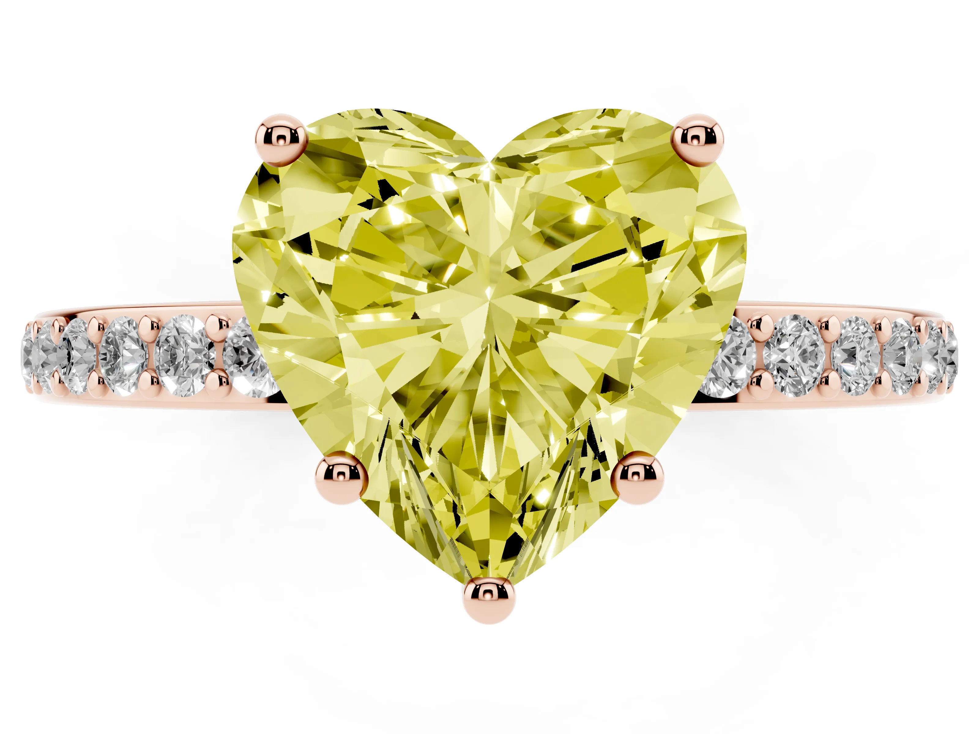 Fancy Yellow Heart Cut Diamond Pavé Band Ring Set in Rose gold with Prong-Set Center Stone