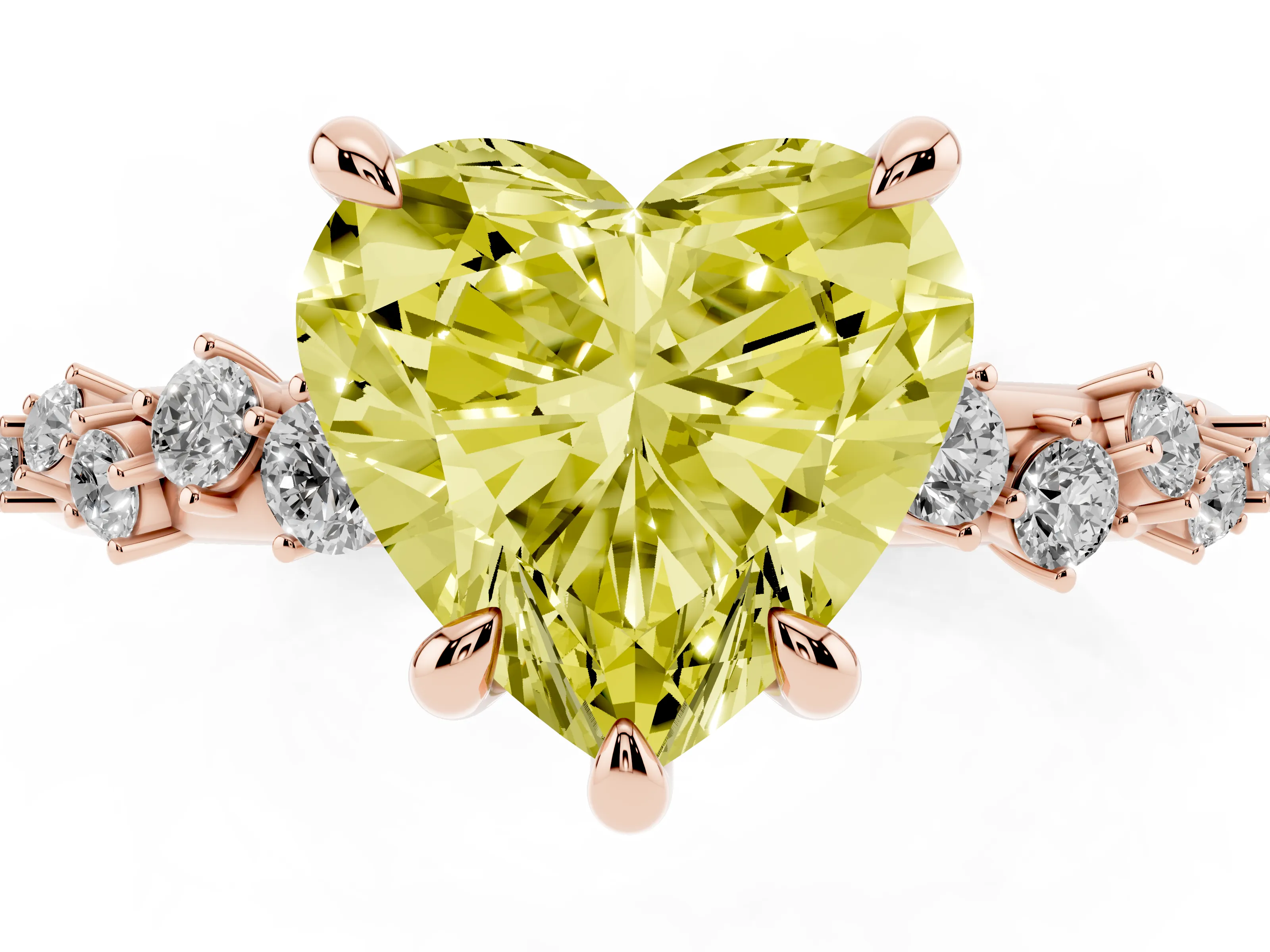 Fancy Yellow Heart Cut Diamond Solitaire Vine Band Ring Set in Rose gold with Round Accents and Prong Setting