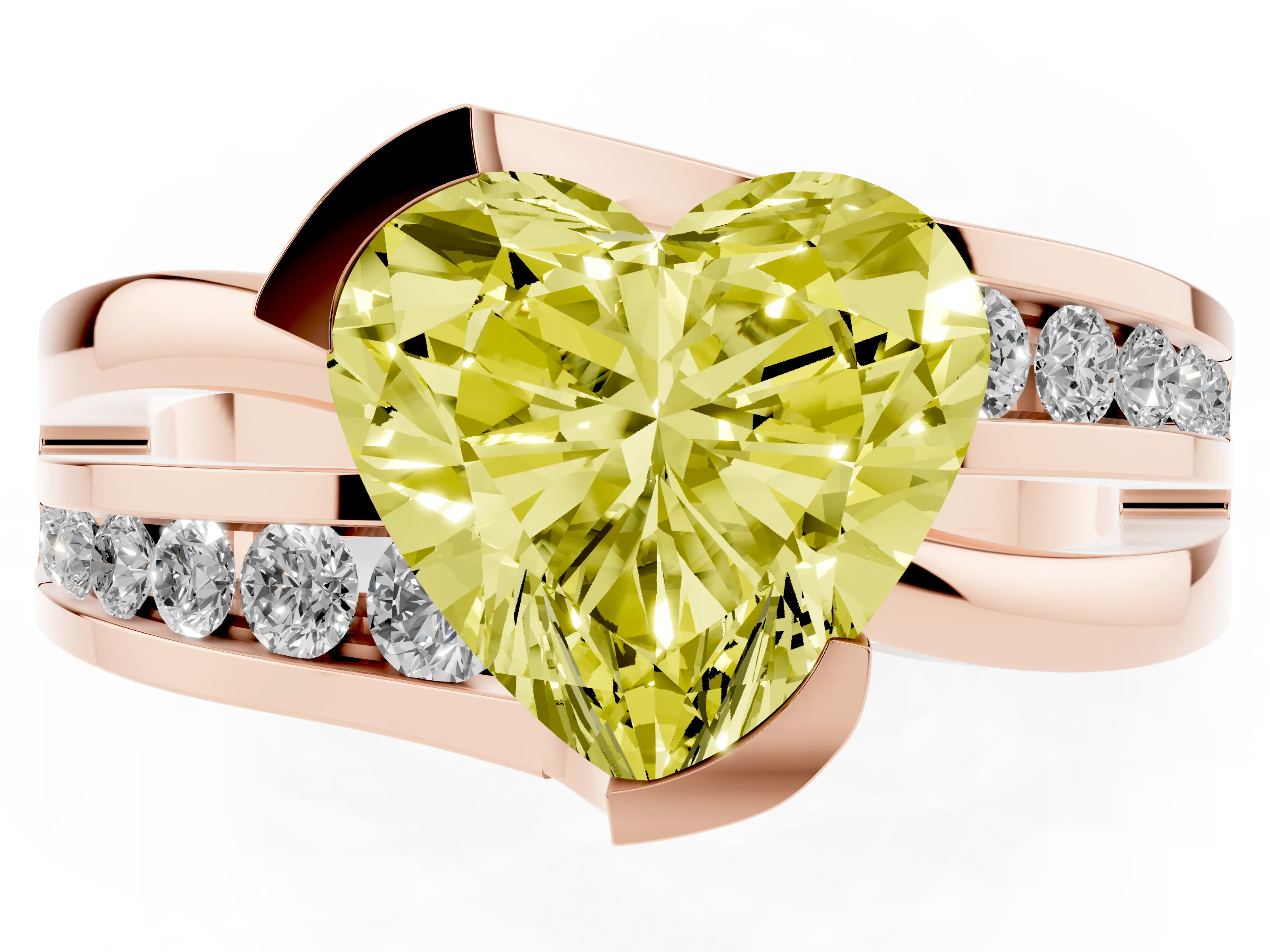Fancy Yellow Heart Cut Diamond Solitaire Ring Set in Rose gold with Channel Set Split Shank and Tension Prongs