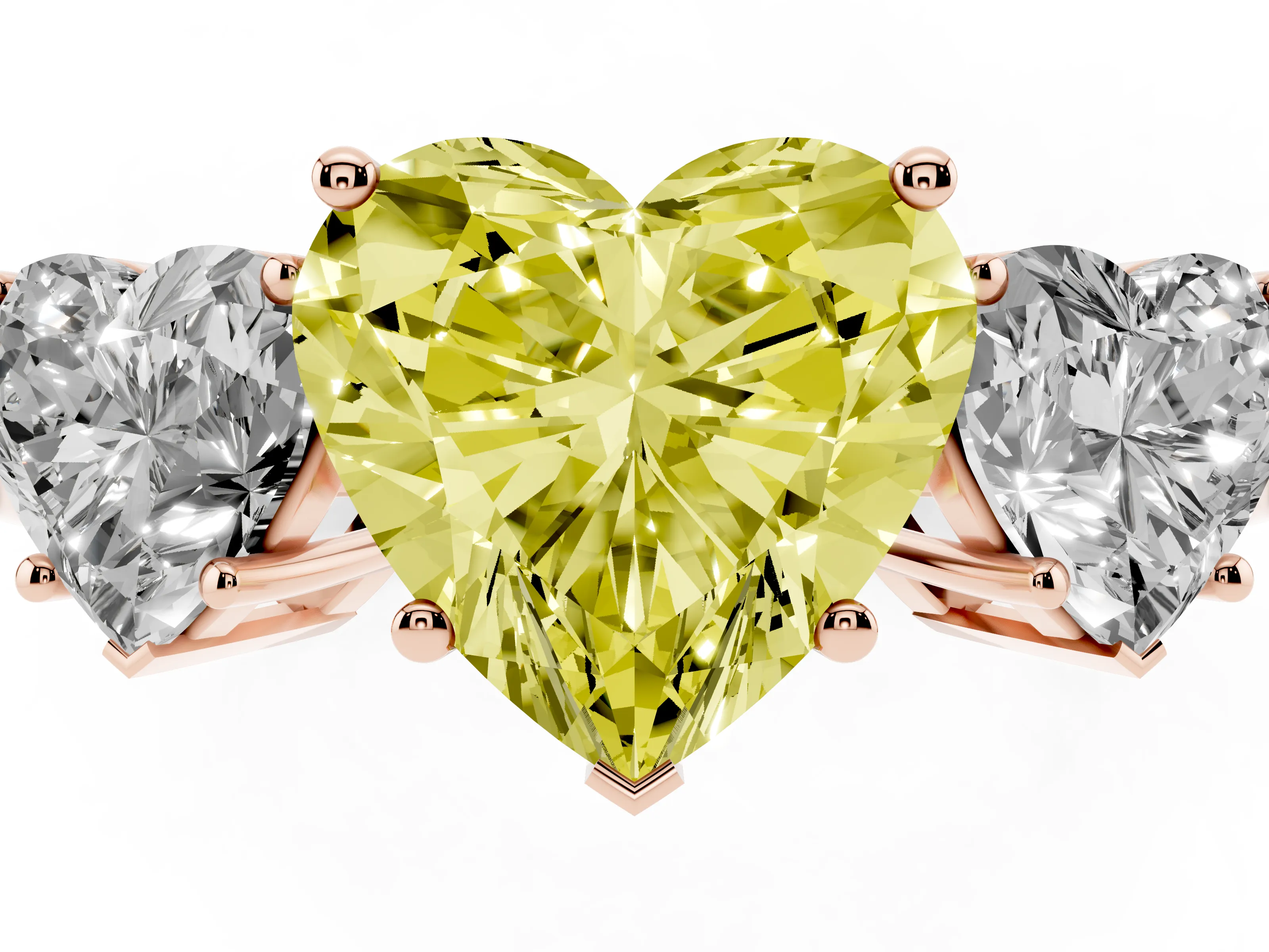 Fancy Yellow Heart Cut Diamond Three-Stone Engagement Ring Set in Rose gold with Flat Band