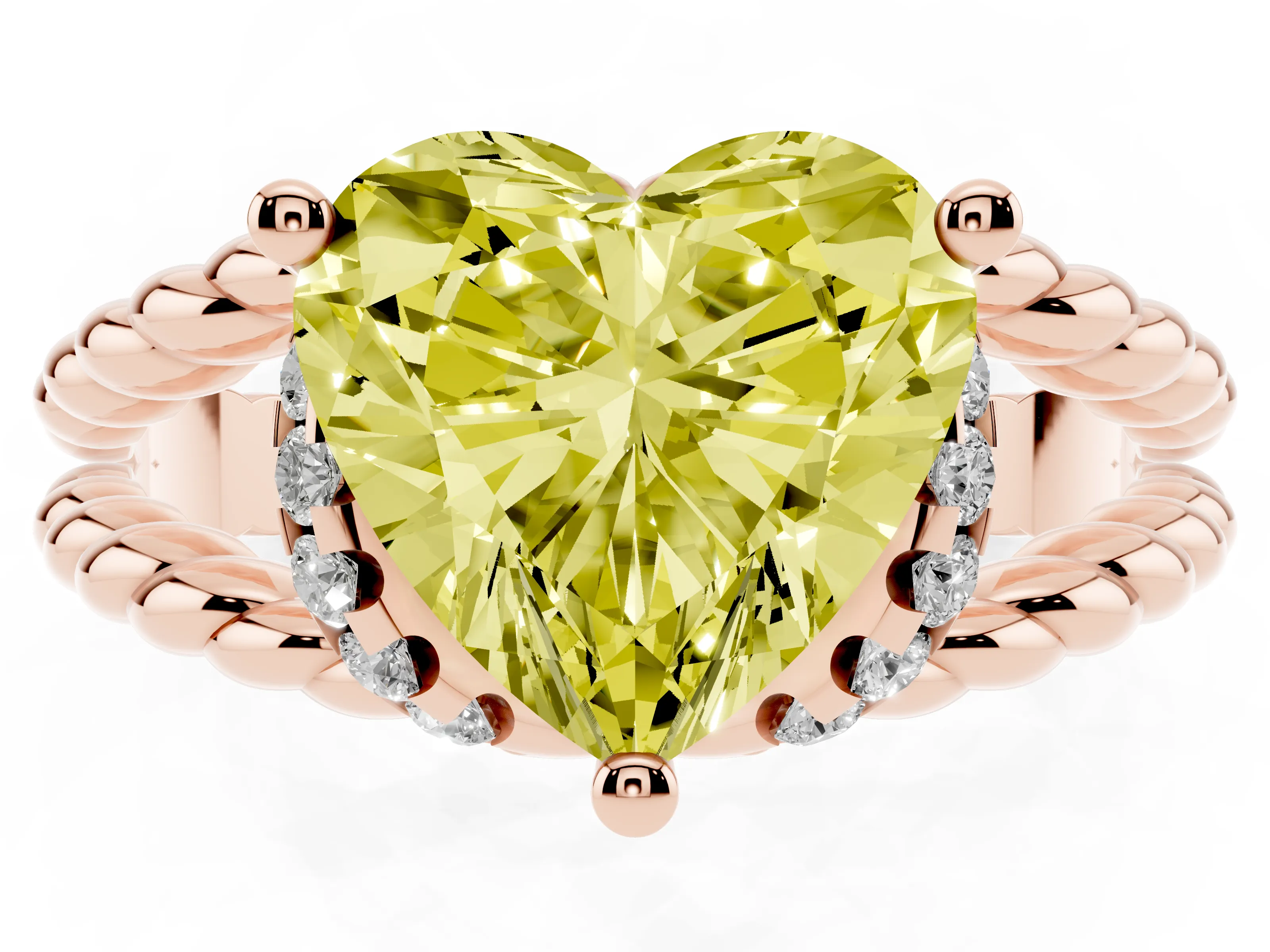 Fancy Yellow Heart Cut Diamond Halo Ring Set in Rose gold with Twisted Band and Prong Setting