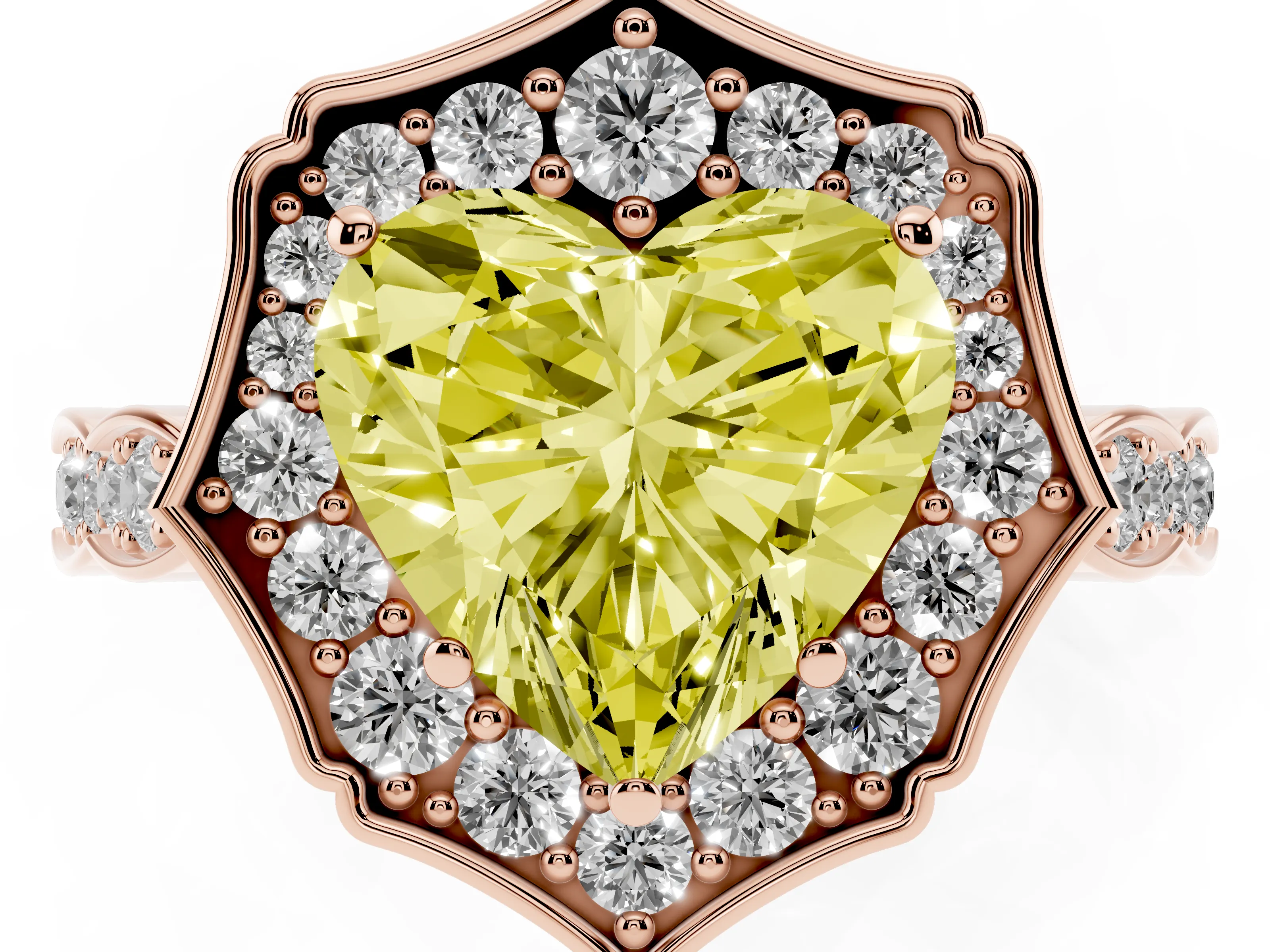Fancy Yellow Heart Cut Diamond Halo Engagement Ring Set in Rose gold with Milgrain Band and Prong Setting