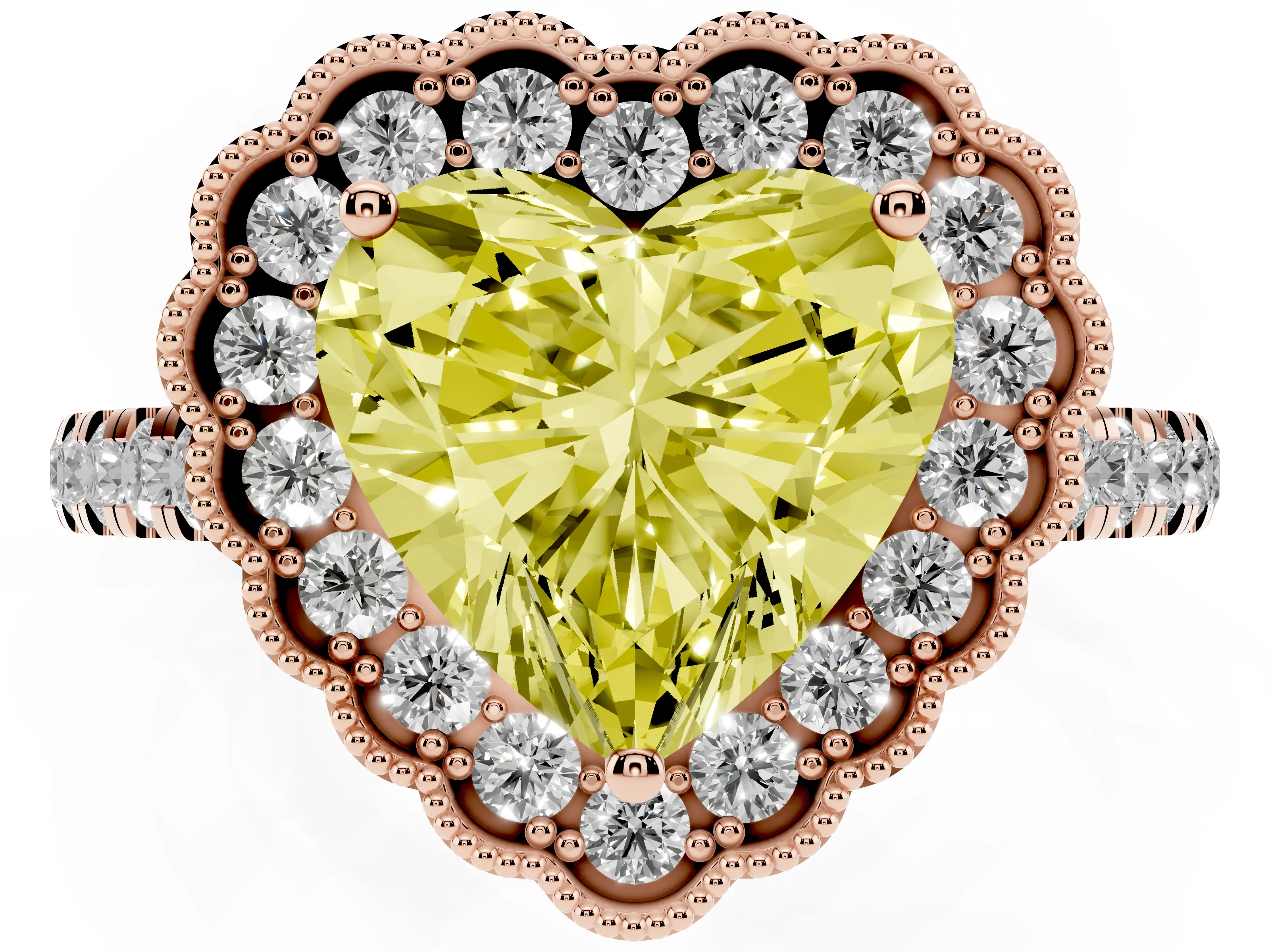 Fancy Yellow Heart Cut Diamond Milgrain Floral Halo Engagement Ring Set in Rose gold with Pavé Band