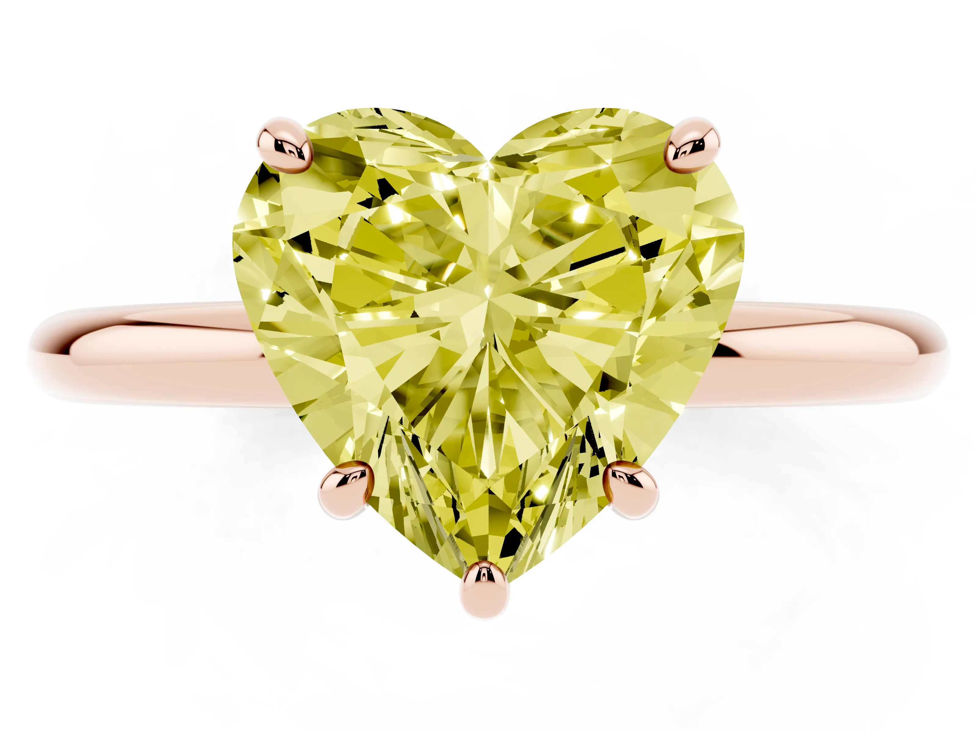 Fancy Yellow Heart Cut Diamond Solitaire Ring Set in Rose gold with Prong Setting on a Polished Plain Band