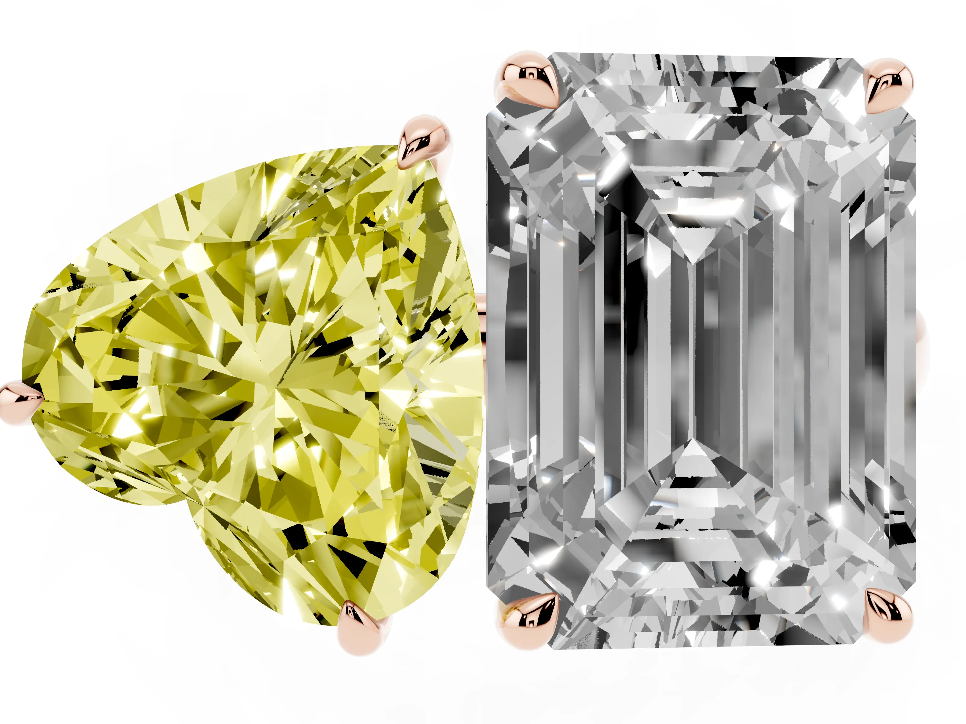Fancy Yellow Heart Cut and Emerald Cut Toi Moi Ring Set in Rose gold with Prong Setting