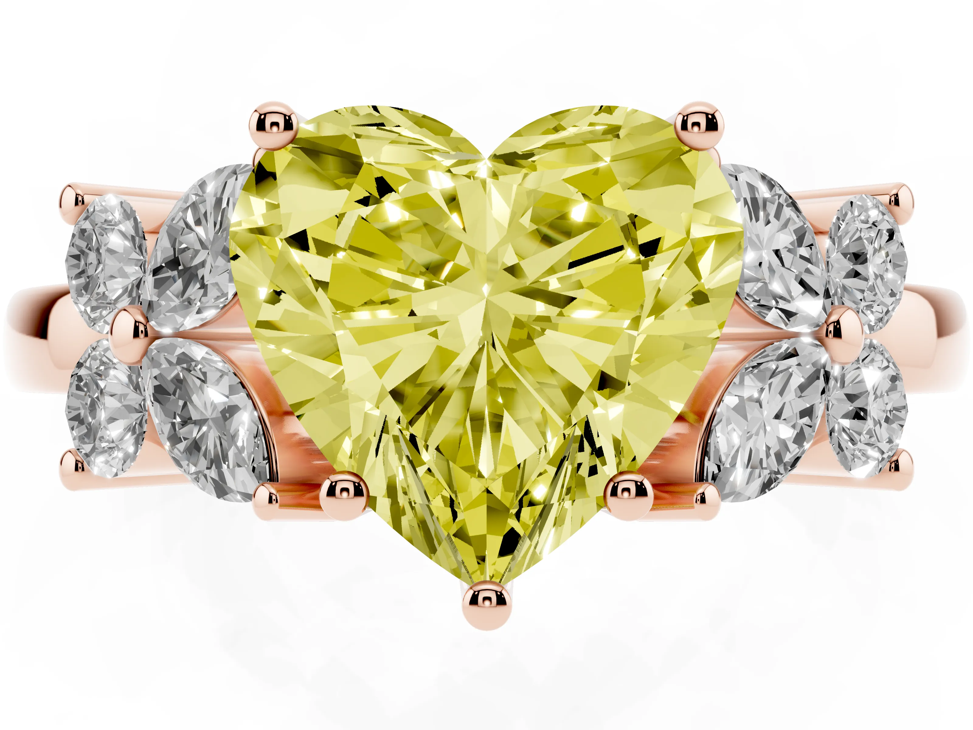 Fancy Yellow Heart Cut Diamond Floral Cluster Ring Set in Rose gold with Marquise Petals and Prong Setting