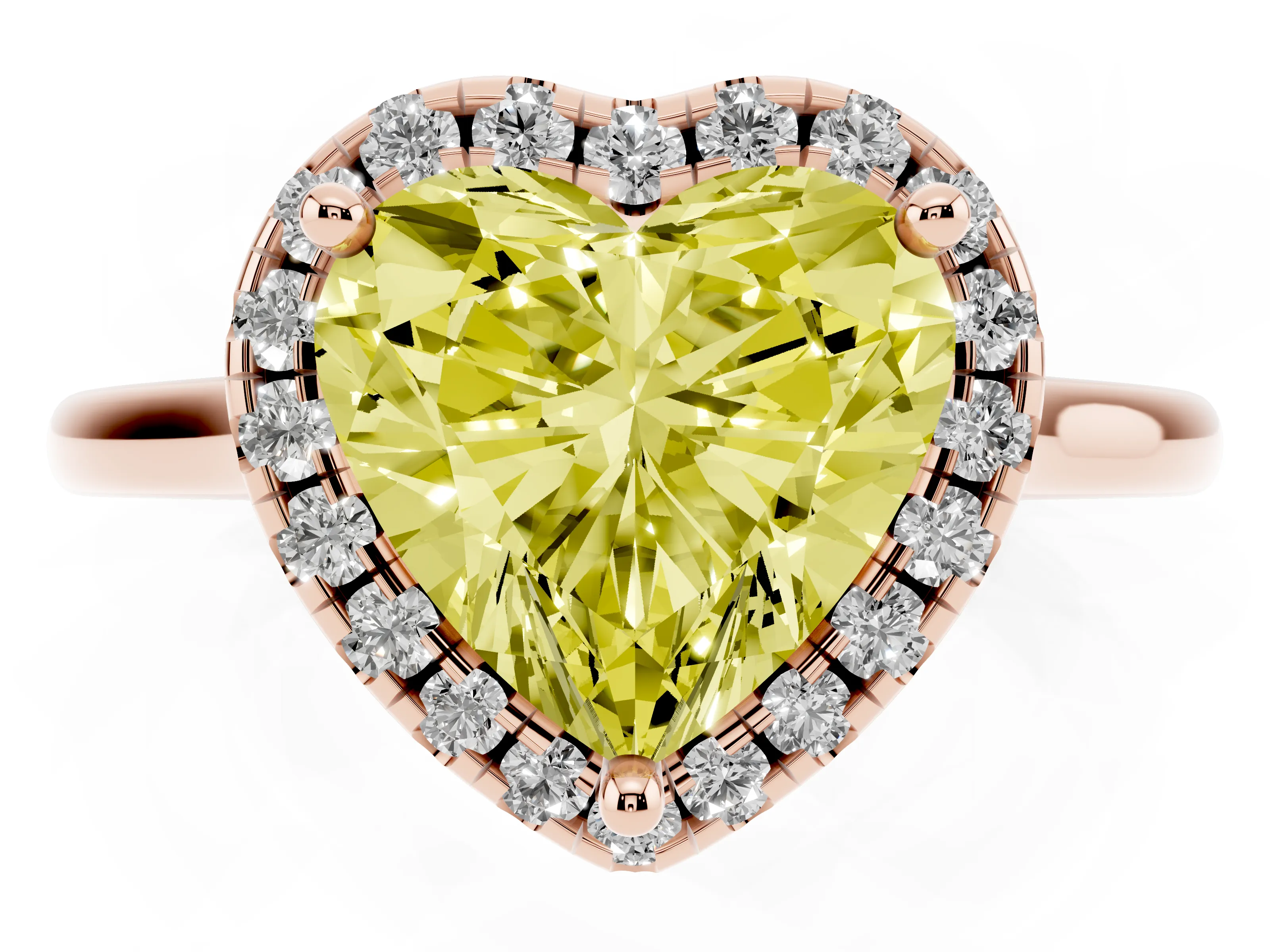Fancy Yellow Heart Cut Diamond Halo Engagement Ring Set in Rose gold with Pavé Band and Rising Shoulders