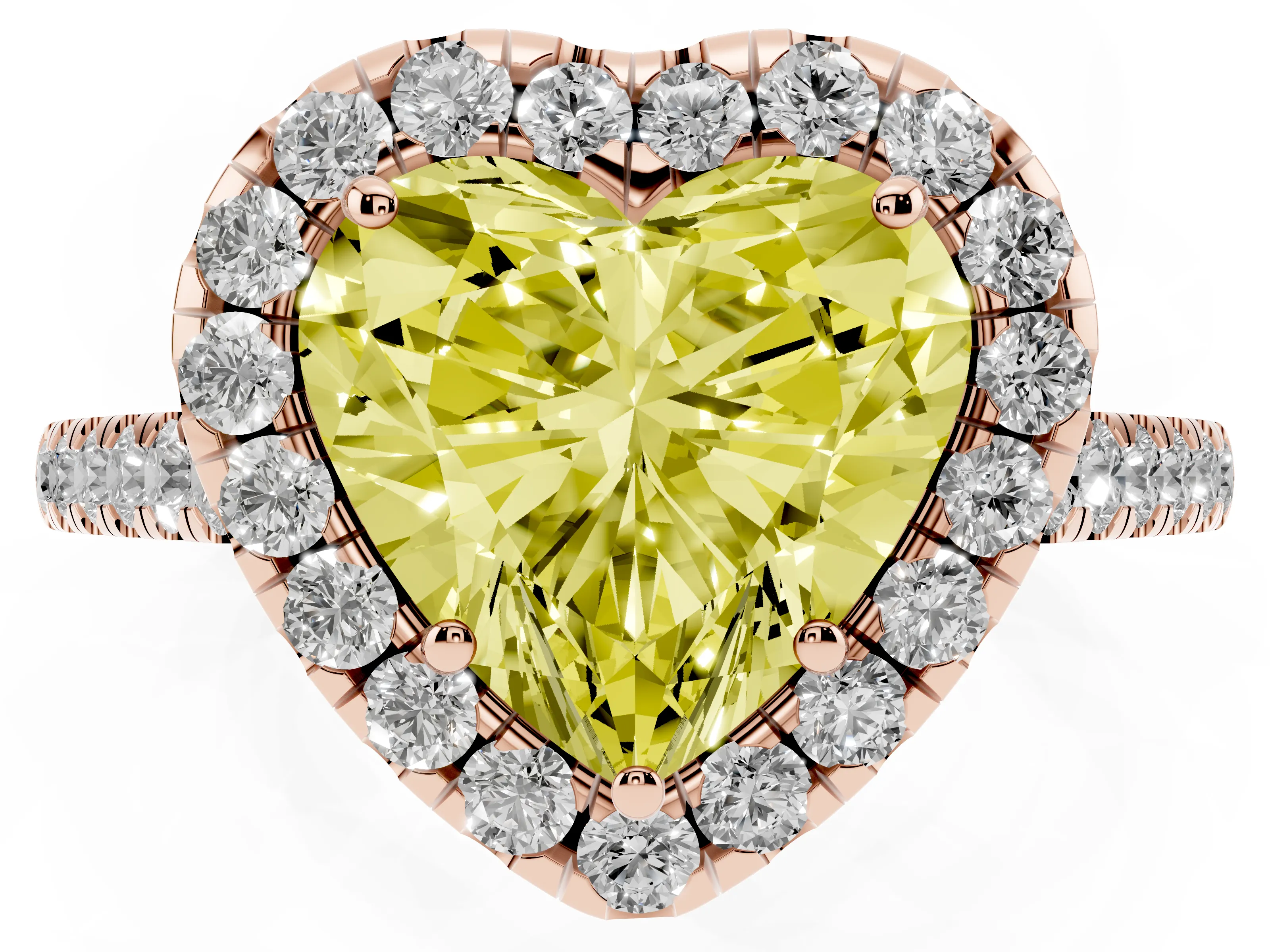 Fancy Yellow Heart Cut Diamond Halo Pavé Engagement Ring Set in Rose gold with Prong Setting