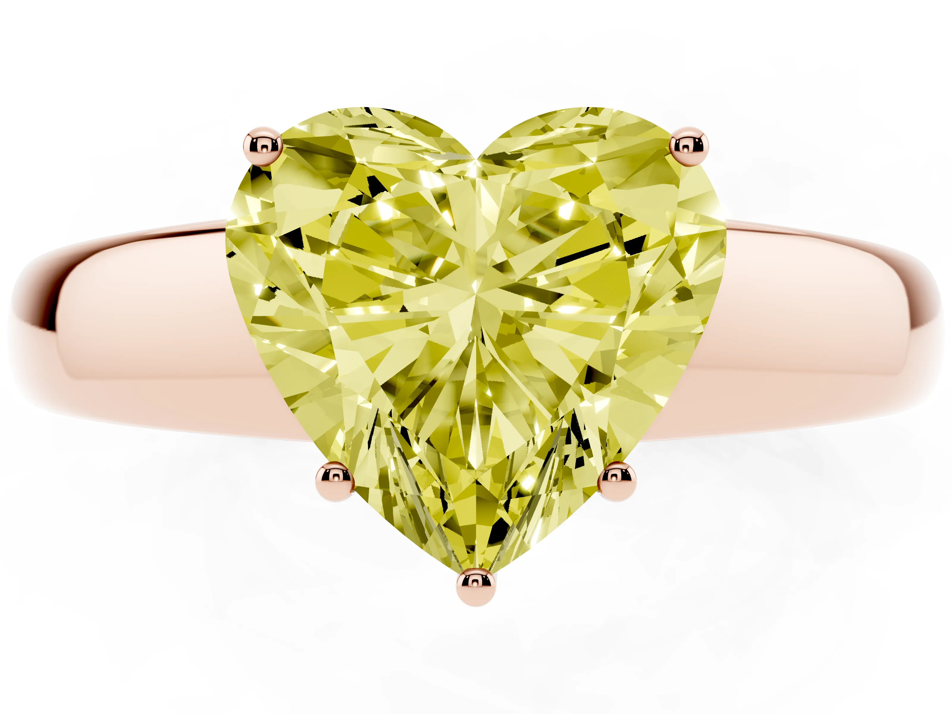Fancy Yellow Heart Cut Diamond Solitaire Ring Set in Rose gold with Tapered Band and Prong Setting