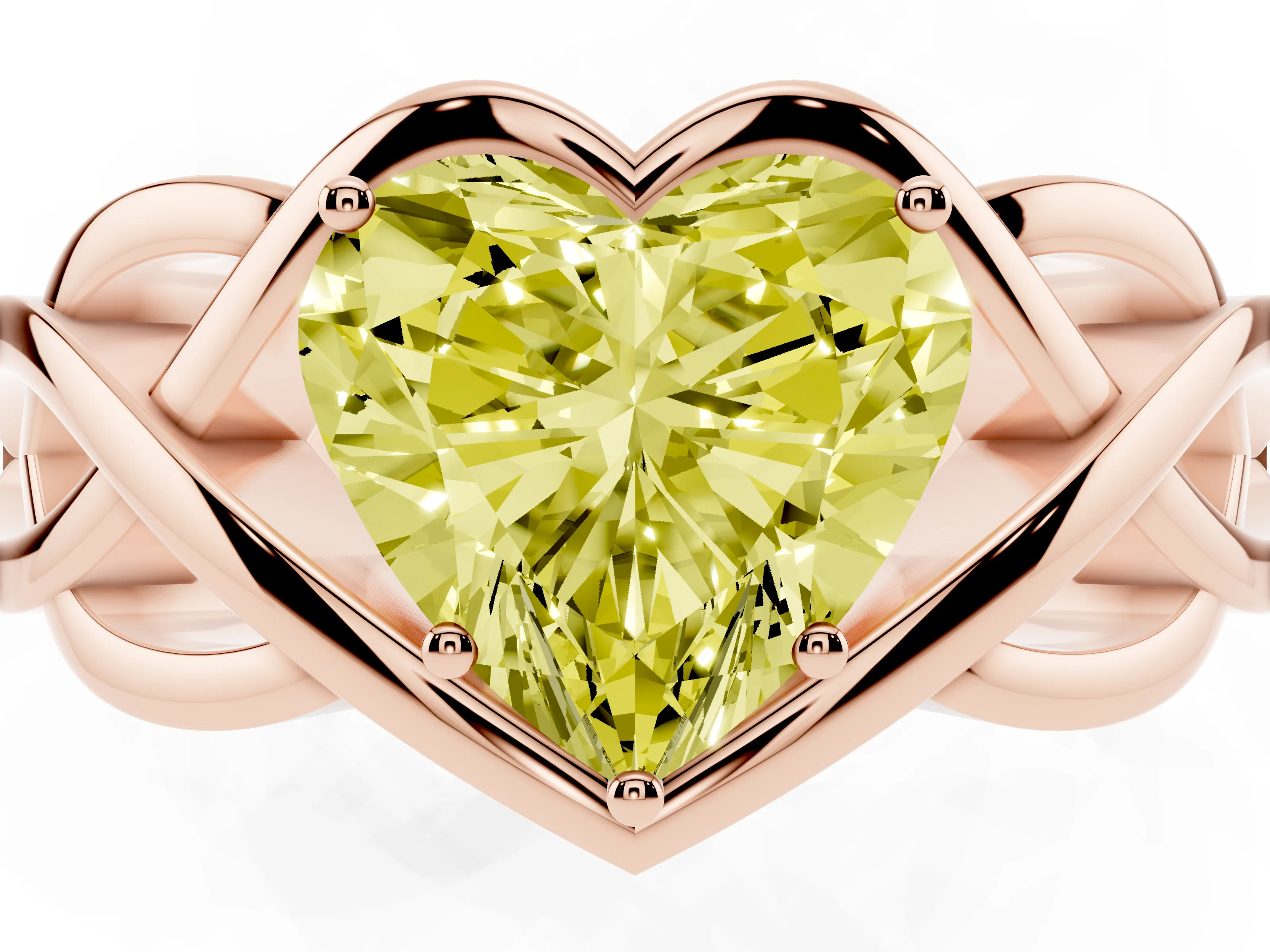 Fancy Yellow Heart Cut Diamond Solitaire Ring Set in Rose gold with Intertwined Band