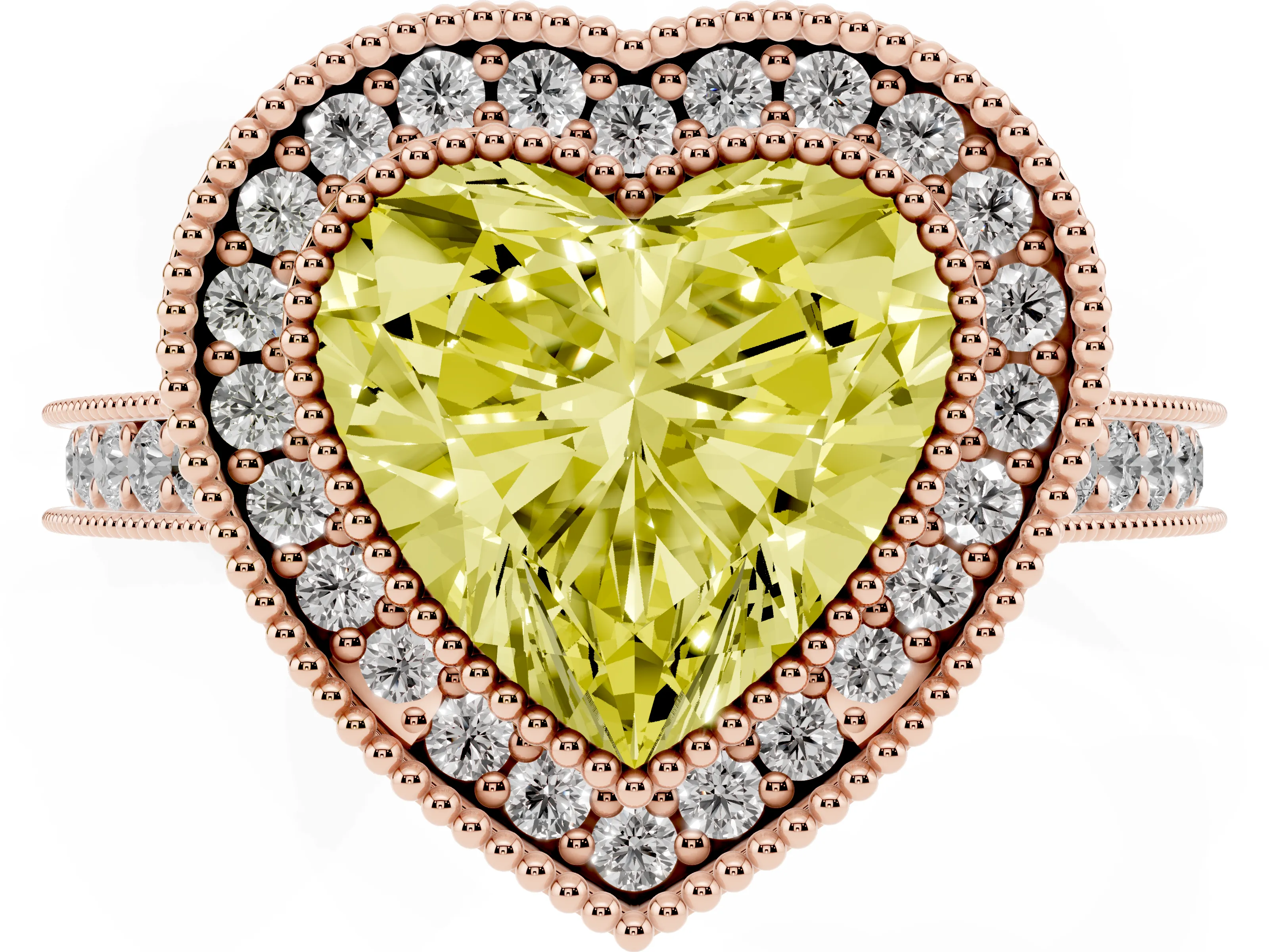 Fancy Yellow Heart Cut Diamond Halo Milgrain Pavé Band Ring Set in Rose gold with Prong Setting