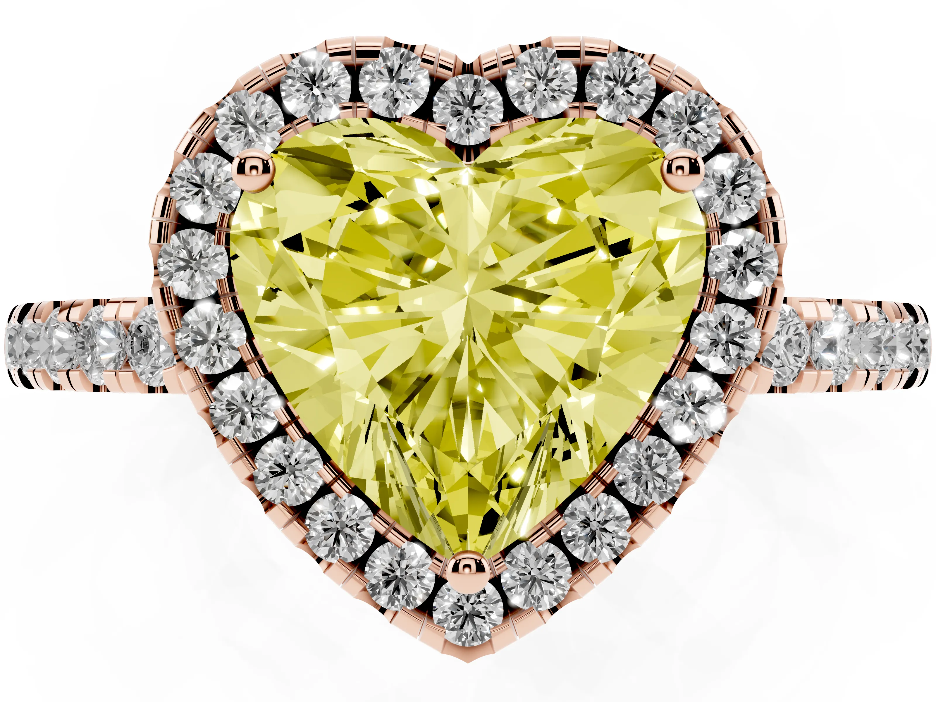 Fancy Yellow Heart Cut Diamond Pavé Band Halo Engagement Ring Set in Rose gold with Prong Setting