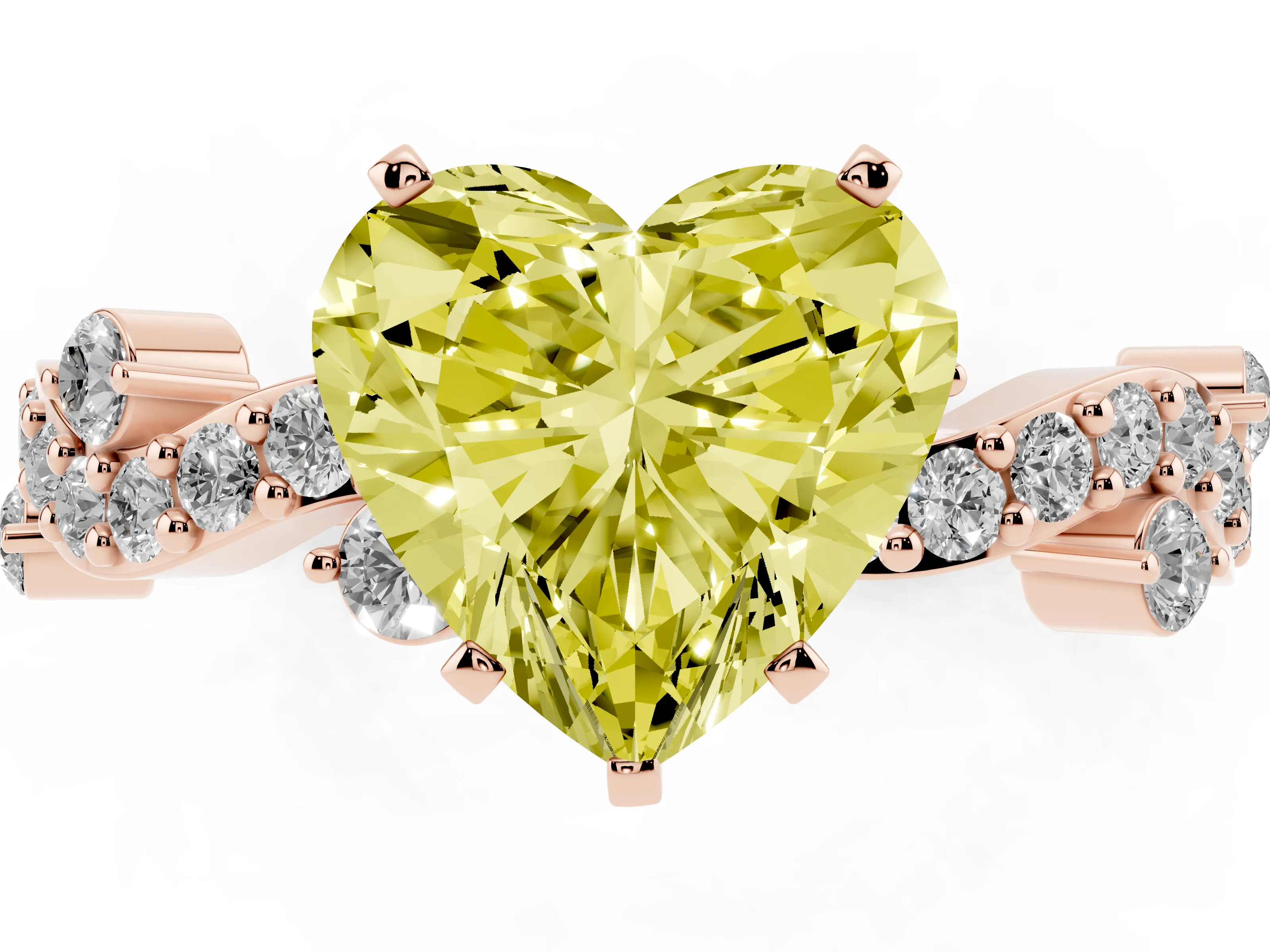 Fancy Yellow Heart Cut Diamond Solitaire Twisted Band Set in Rose gold with Pavé Setting